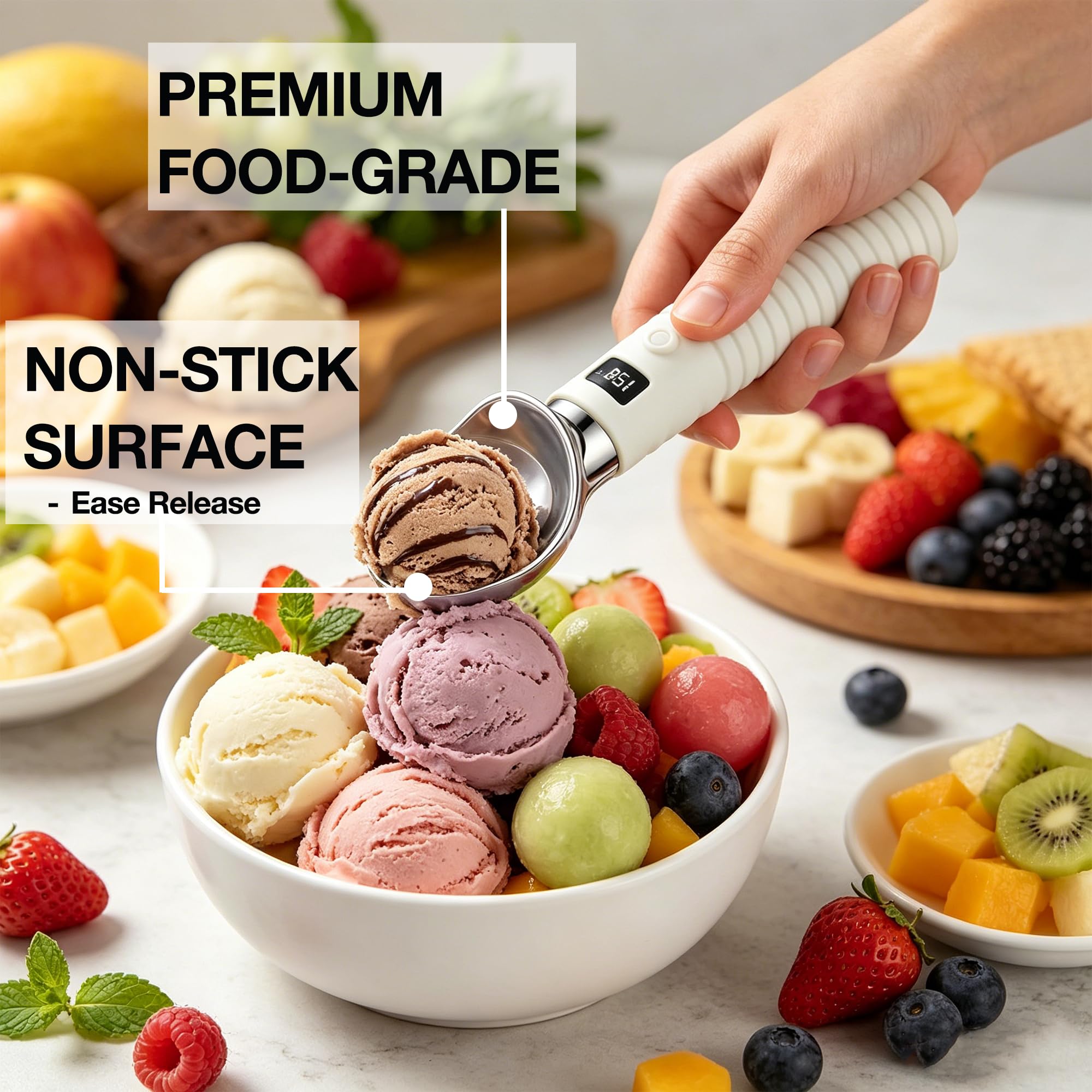 Beheizter Eisportionierer, Eiskugelzange mit 2 Temperaturstufen und LED-Anzeige, IP67 wasserdicht, ergonomische Smart-Touch-Steuerung für Gelato, Sorbet und Frozen Yogurt