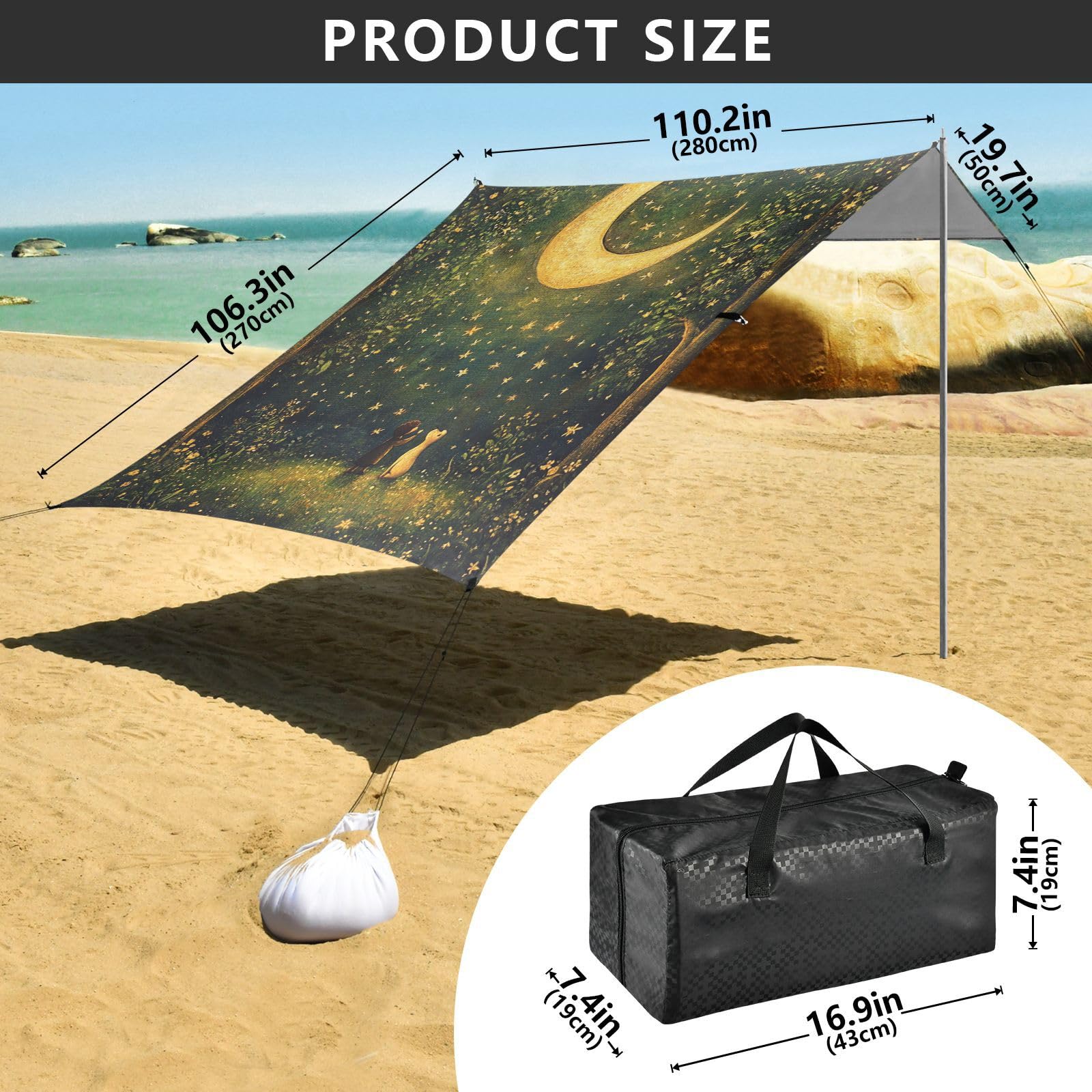 Grand pare-soleil léger UPF50 avec pelle à sable, sacs de sable pour camping, pique-niques, jardin et pêche