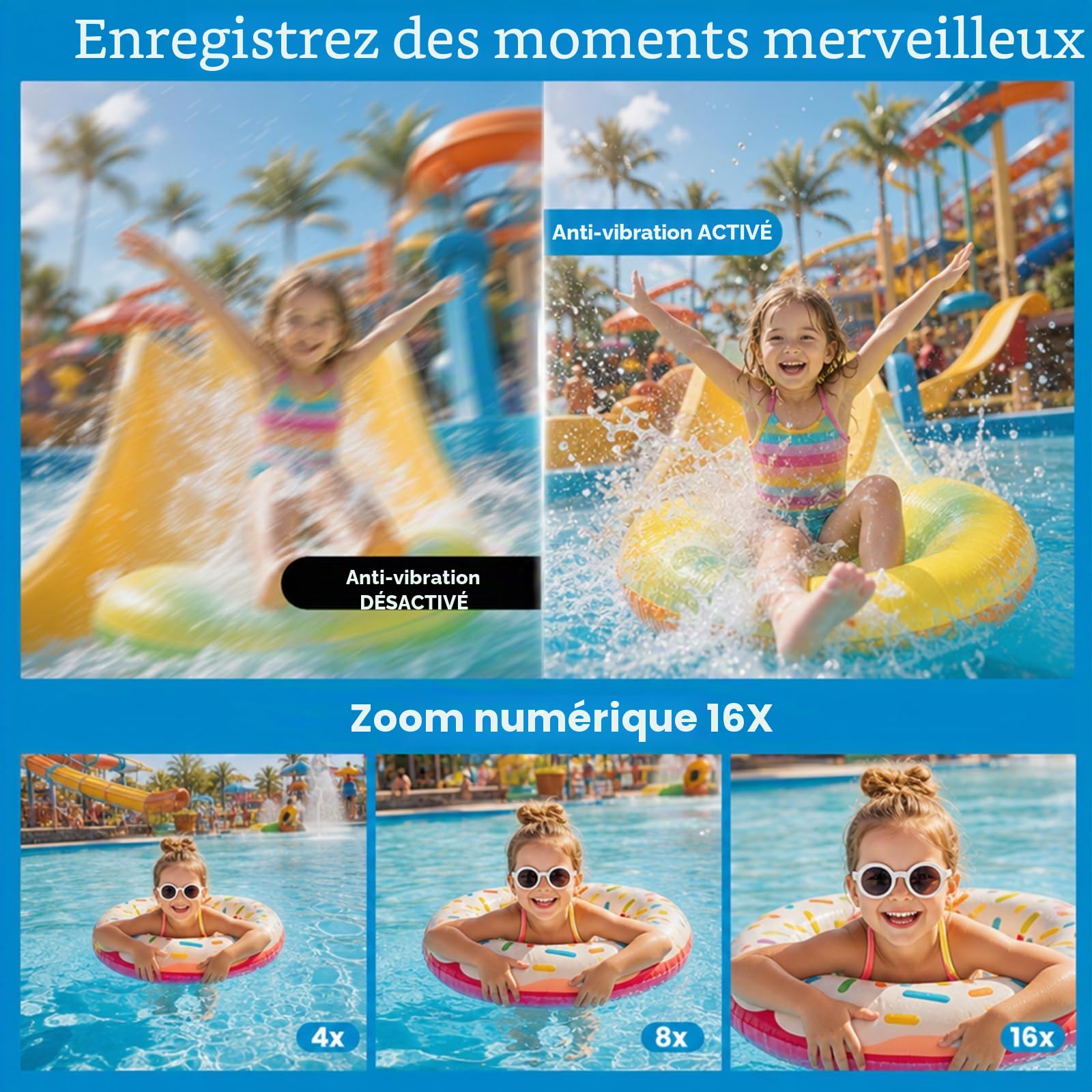 Appareil Photo Numérique Étanche, Caméra sous-Marine HD 2.7K 48MP avec Double Écran pour Snorkeling 3M pour Nager, Zoom Numérique 16X Anti-Secousse, Bleu