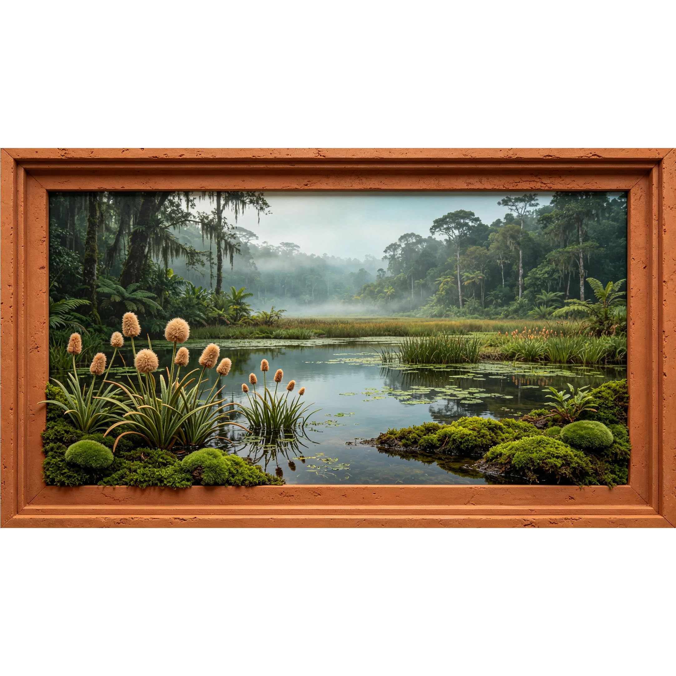 QZLITHOTIC 50x90cm3D Framed Wall Art， Misty Tropical Rainforest Lake Landscape Self‑Adhesive Mural， Water‑Activated Peel & Stick Fabric Decor Wall Decal for Bedroom Living Room