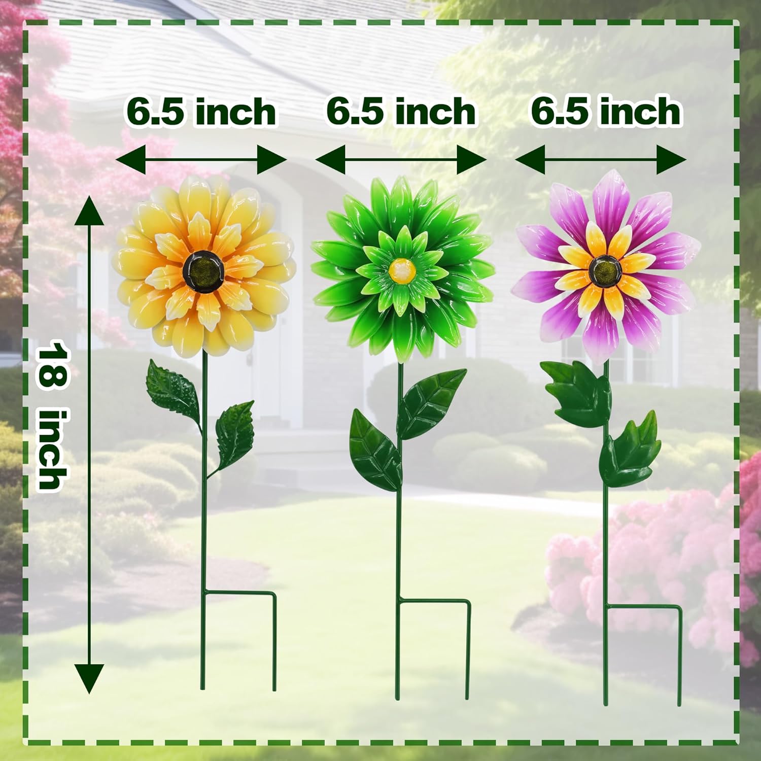 3 Pack Metal Flower Wind Spinners, Kinetic Garden Stakes with H-Base, Colorful 3D Floral Windmills for Yard, Patio, Lawn, and Pathway Decor (Yellow, Green, Purple)