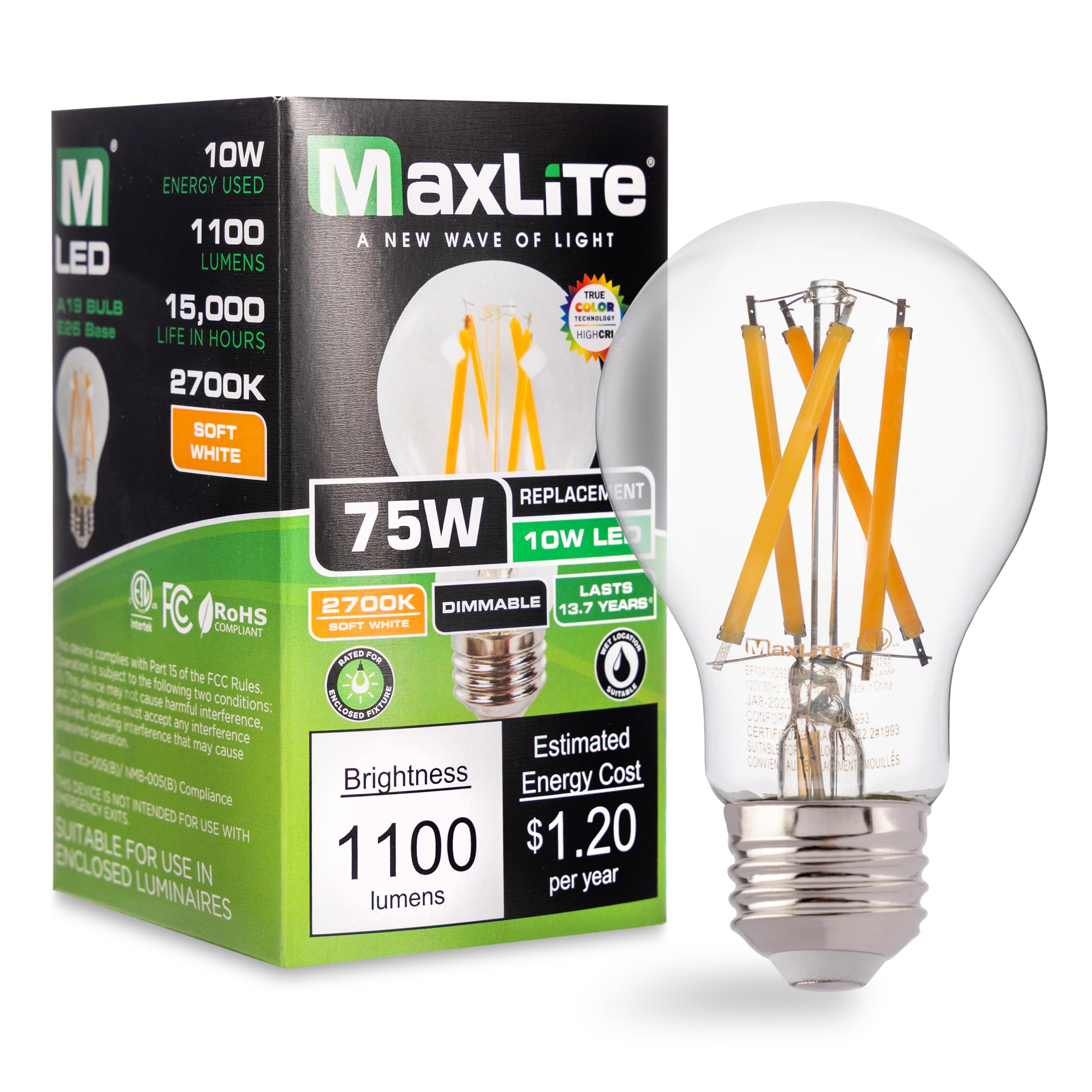 Maxlite EF10A19D927/JA81 10W A19 Dimmable LED Bulb Enclosed Clear Filament, JA8 Listed - CRI 90, 2700K Warm White, 75W Equivalent, 1100 Lumens, LED