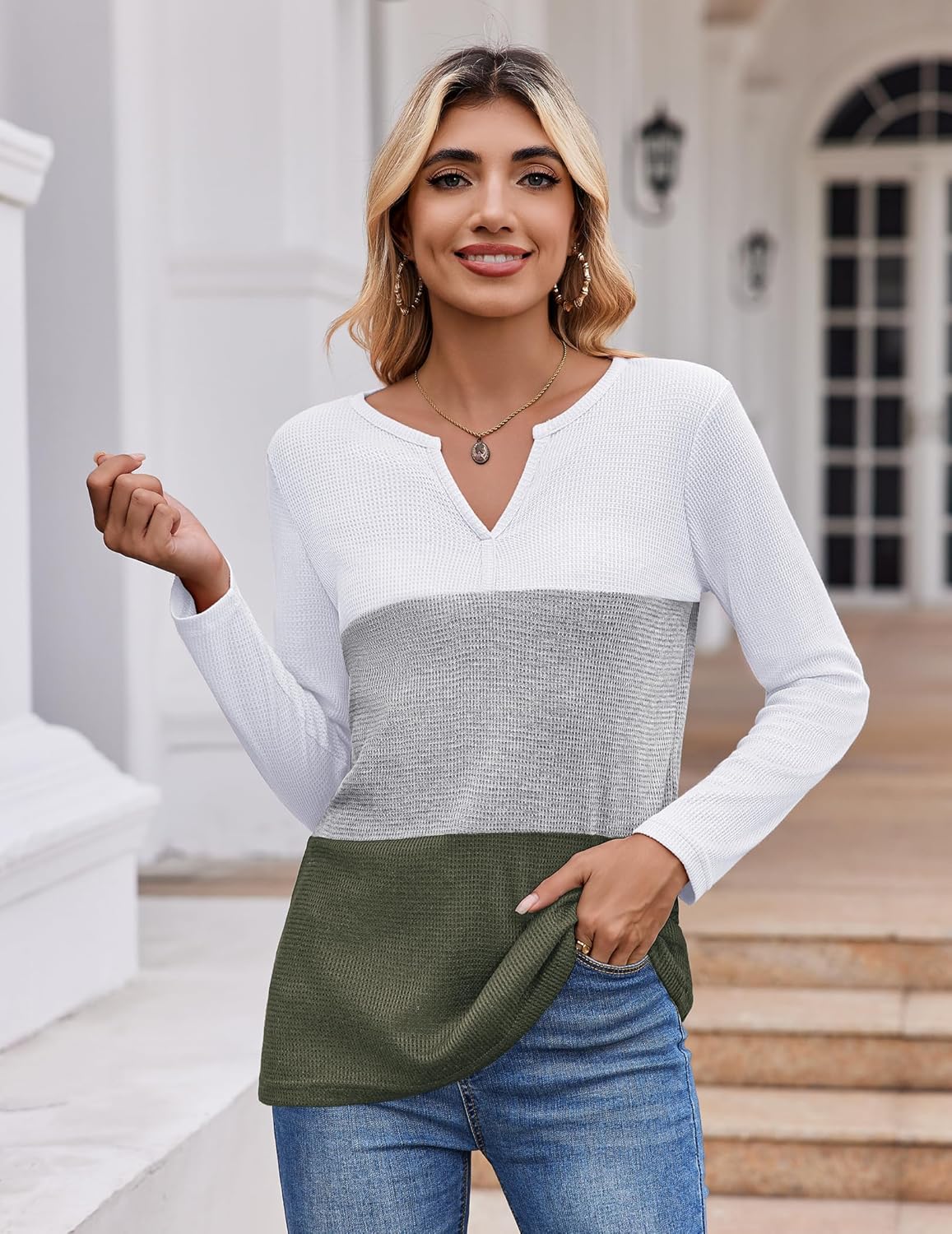 Zeagoo Women's Waffle Shirts V Neck Long Sleeve Tops Color Block T-Shirts Casual Pullover Tunics 2025 Fashion Basic Tees - Image 5