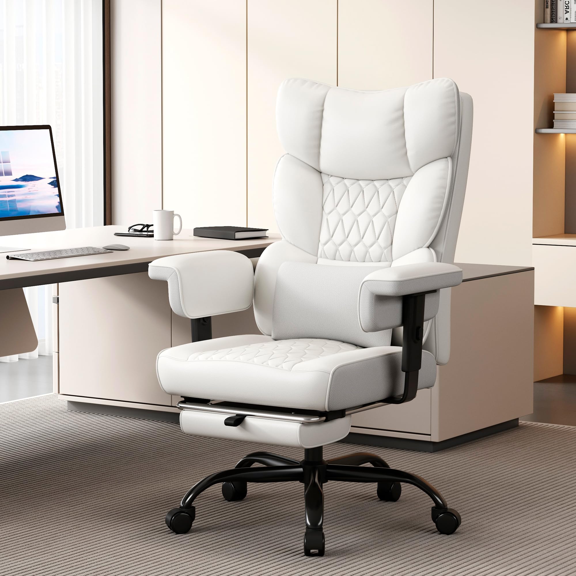 Misolant Big and Tall Office Chair with Footrest, High Back Executive Desk Chair with Adjustable Lift Armrest, 155°Recline，Lumbar Support Pillow, Faux Leather Gaming Chairs for Home or Office White