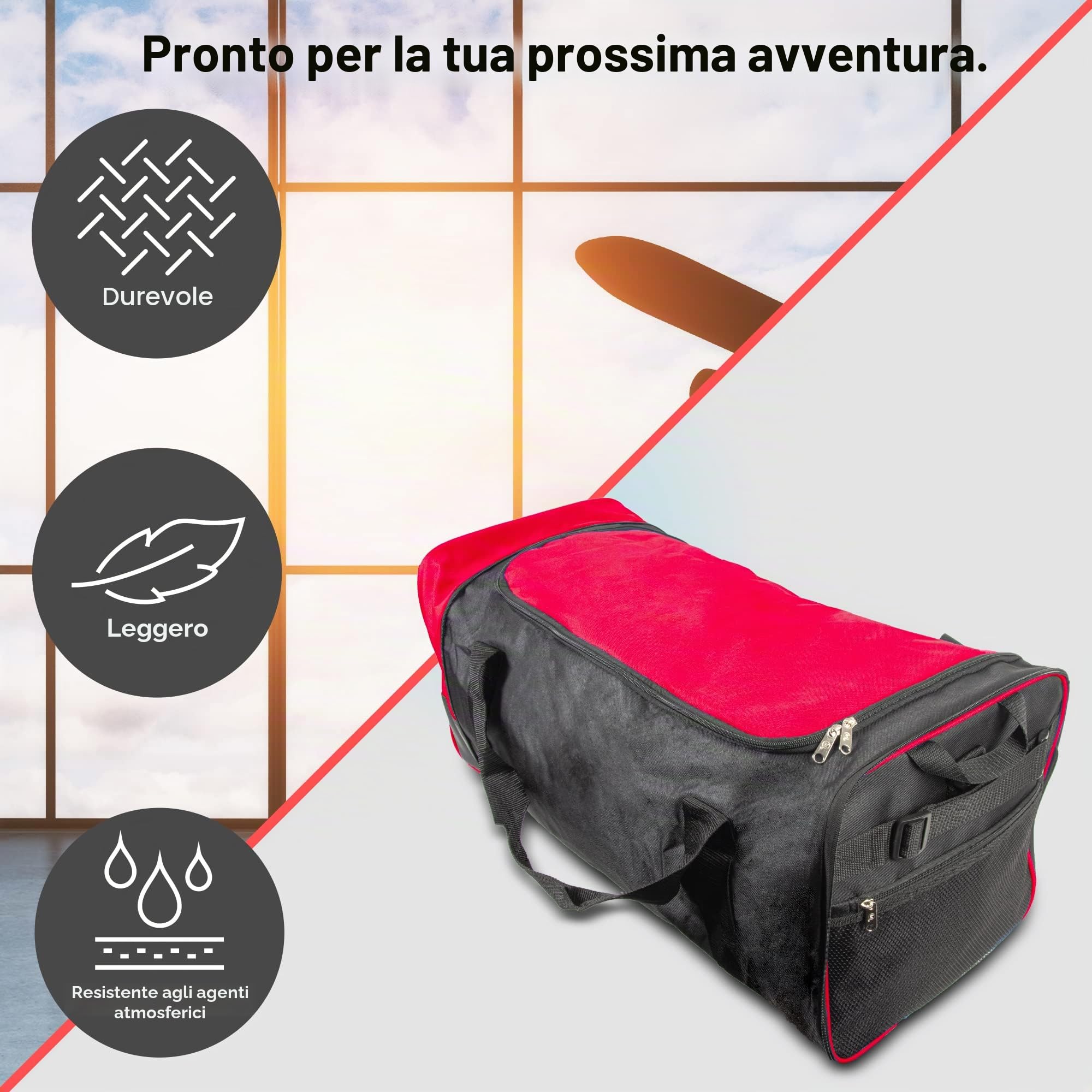 iN Borsa da viaggio pieghevole con ruote in plastica. Utilizzare come valigia leggera o zaino. Ideale per viaggi, kit sportivi e attrezzature. Nero/rosso, Borsone grande con ruote