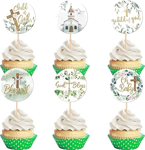 36 piezas de decoración de cupcakes de bautismo de vegetación con hojas florales que Dios bendiga cruz, selecciones de cupcakes Oh Baby First Holy