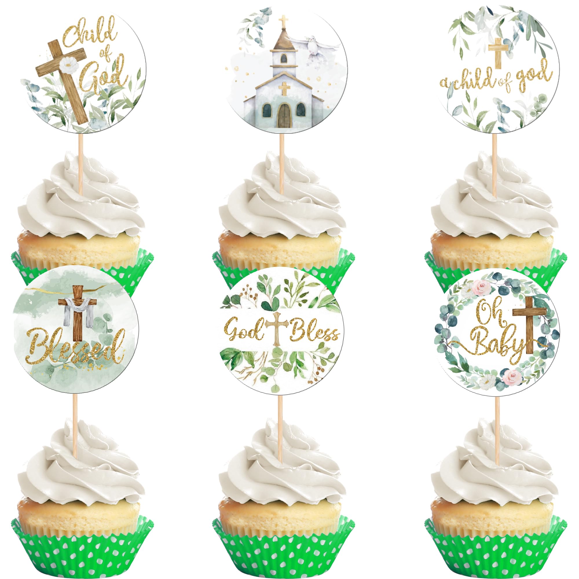 36 PCS Greenery Baptism Cupcake Toppers Floral Leaves God Bless Cross Cupcake Picks Oh Baby First Holy Communion Cake Decorations for Christening