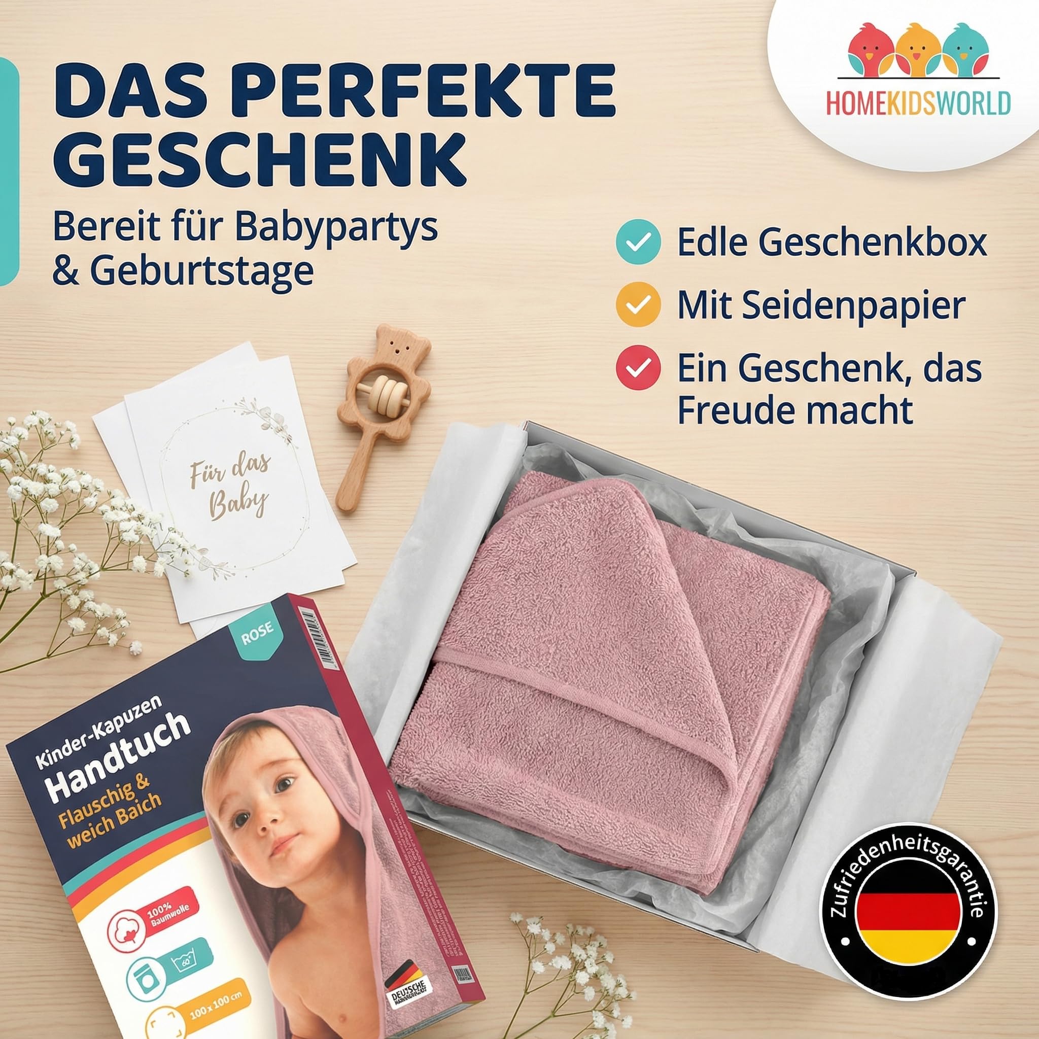 Kapuzenhandtuch Baby 100x100 cm (Rose) – Weiches & saugstarkes Badetuch mit Kapuze – Kuscheliges Handtuch für Babys & Kinder inkl. Geschenkbox