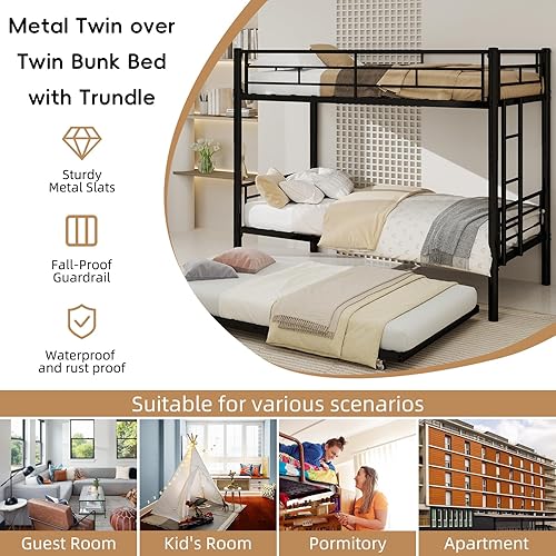 Miniatura 4 de Litera de metal individual sobre individual con nido, marco de literas resistentes con 2 escaleras laterales, barandillas y escaleras para niños,