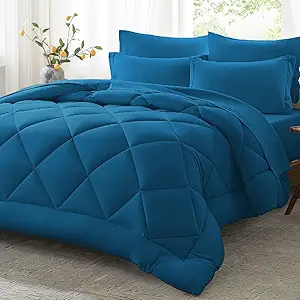 Anluoer Queen Comforter Set,Teal Bed in a Bag 7 Piece,Lightweight Bedding Set with Soft Down Alternative Fill,Bed Set Includes Comforter, Fitted Sheet, Flat Sheet,Pillowcases and Shams
