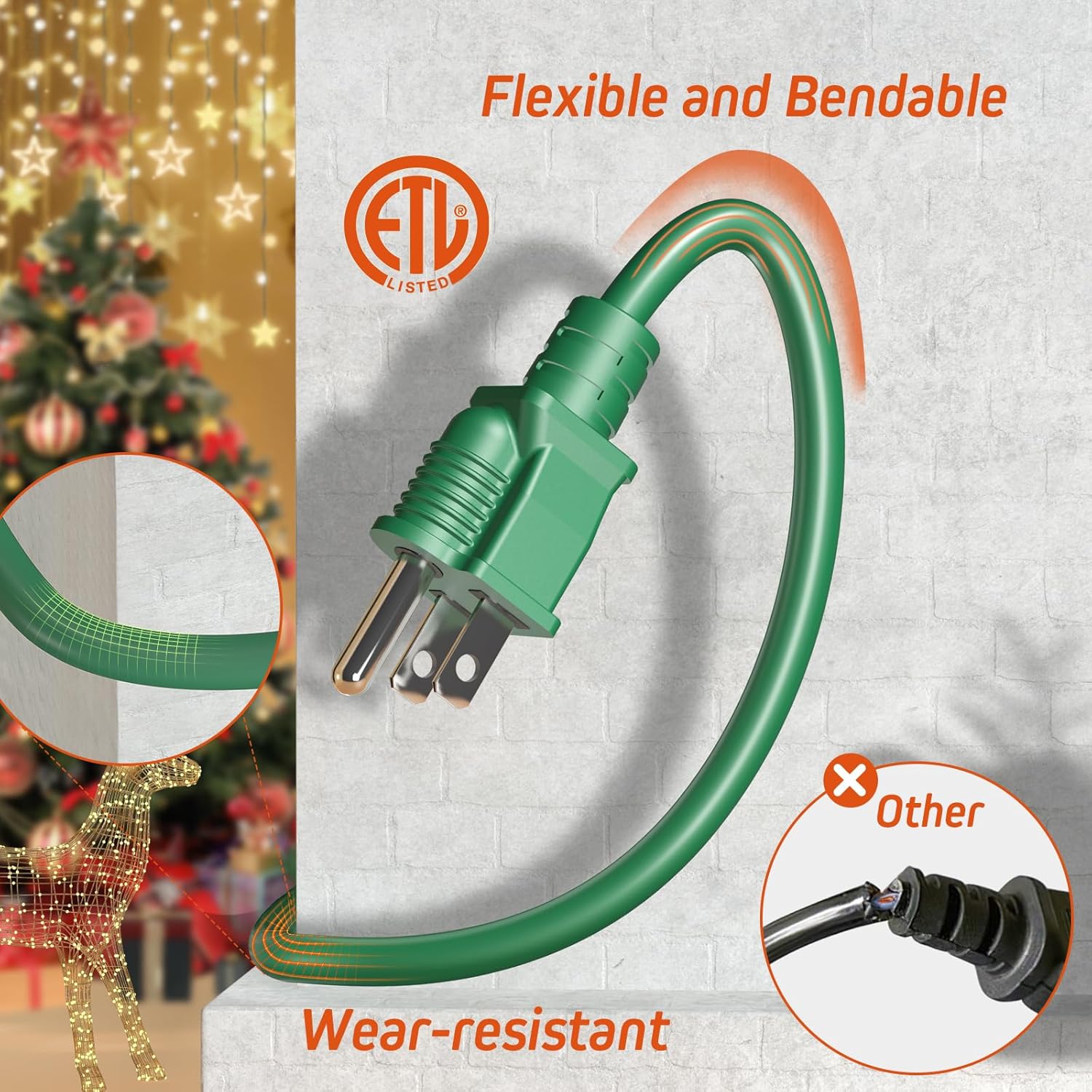 Eversimpleinc 1 to 4 Splitter Extension Cord (Combined 46 FT, End to End 28 FT), 3 Prong Plug with 4 Extended Outlets, with Weatherproof Covers for Indoor and Outdoor