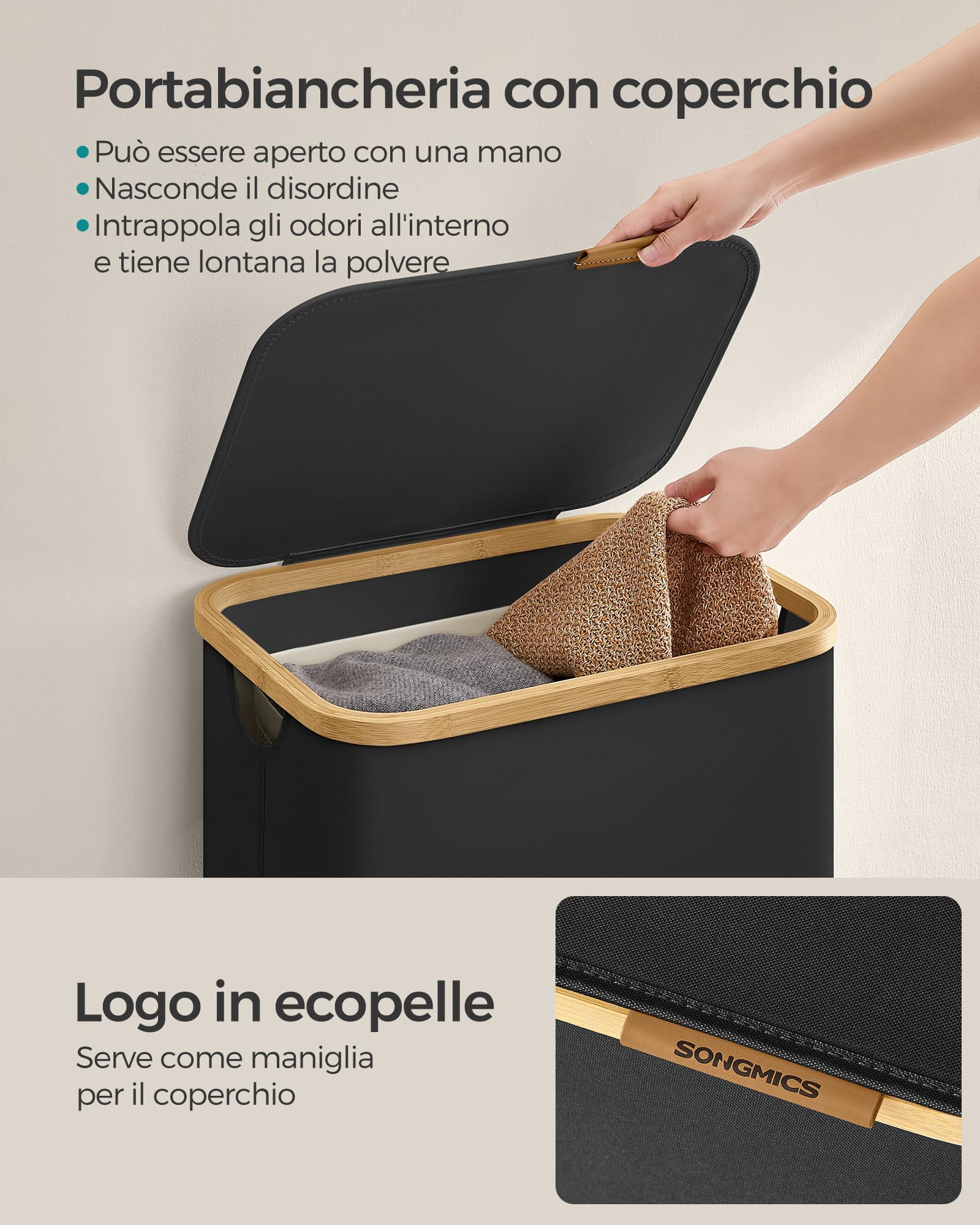 SONGMICS Cesto Portabiancheria con Coperchio, Cesta per Bucato, 90L, Salvaspazio, Sacco Rimovibile, Tessuto Oxford, Manici di Bambù, Pieghevole, 42 x 32 x 70,5 cm, Nero Inchiostro LCB509B01