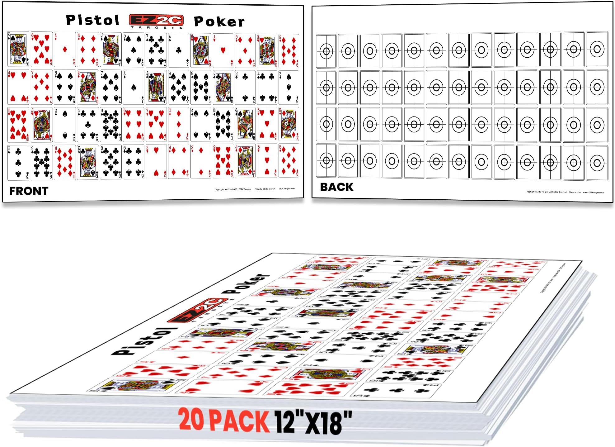 EZ2C paper targets for shooting, sheet of 52 random sorted playing cards range targets - bullseye shooting targets game on back side, both side gun target, 12"x18" (20 pack)