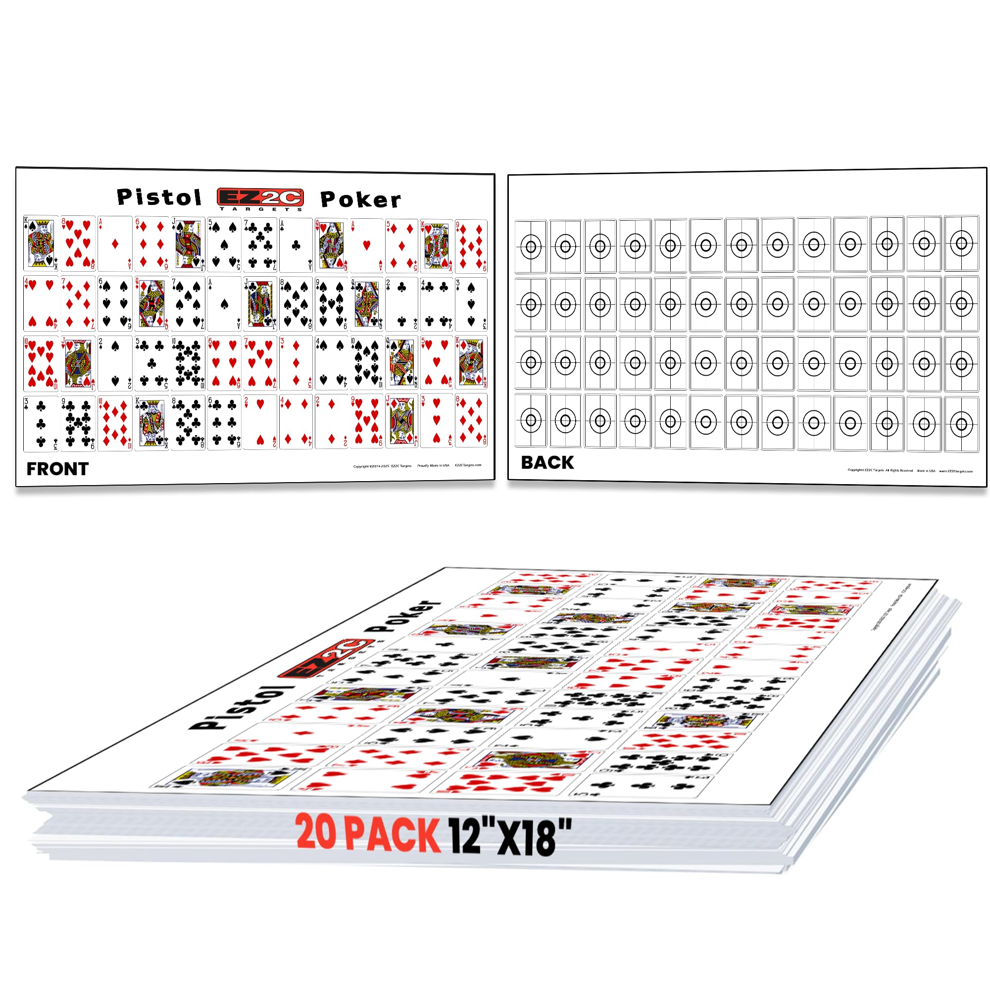 EZ2C paper targets for shooting, sheet of 52 random sorted playing cards range targets - bullseye shooting targets game on back side, both side gun target, 12"x18" (20 pack)