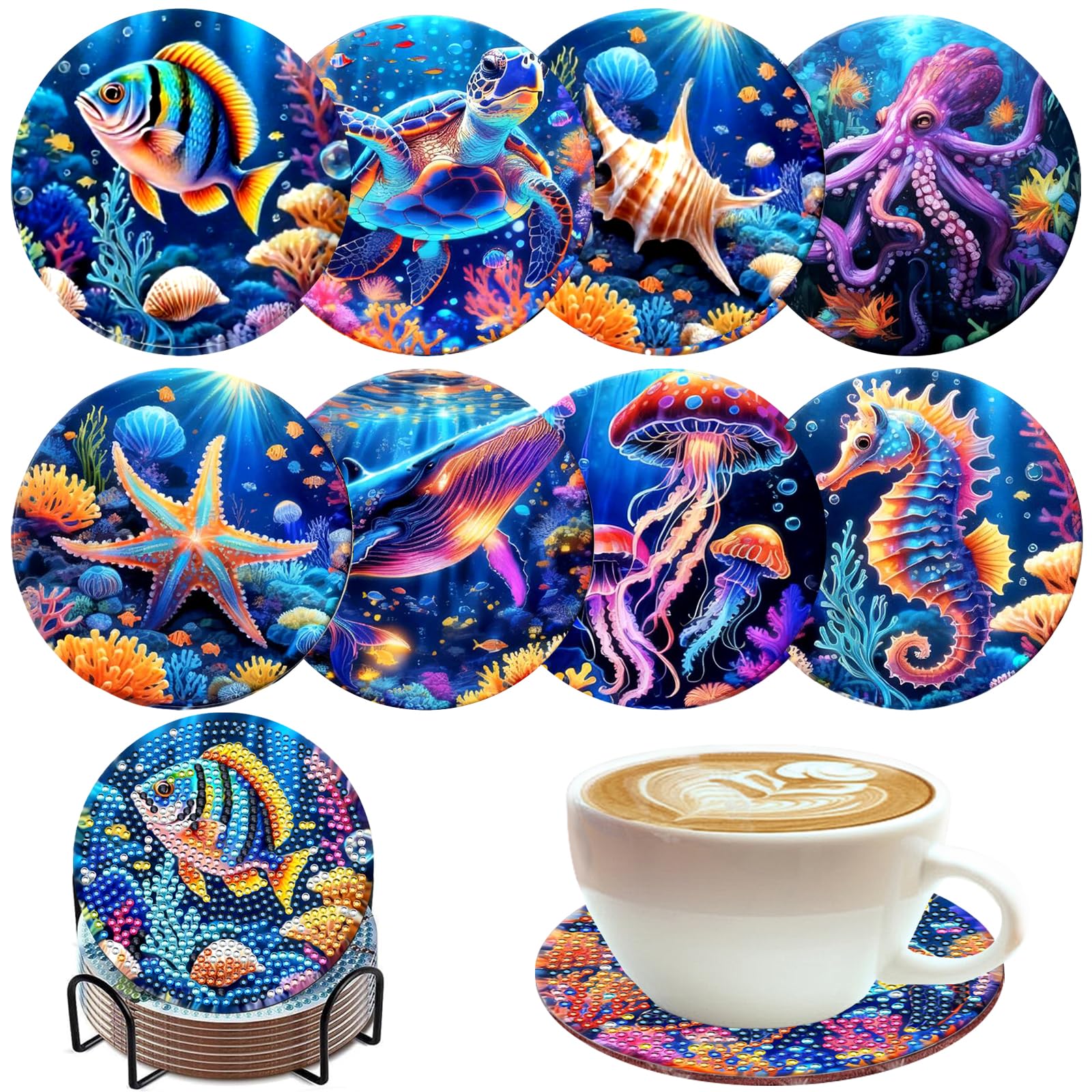 DIY 8 Pcs Diamond Painting Coasters Kit with Holder, Abstract Diamond Art Coasters Kits Acrylic for Beginners, Adults Art Craft Supplies (Coral)