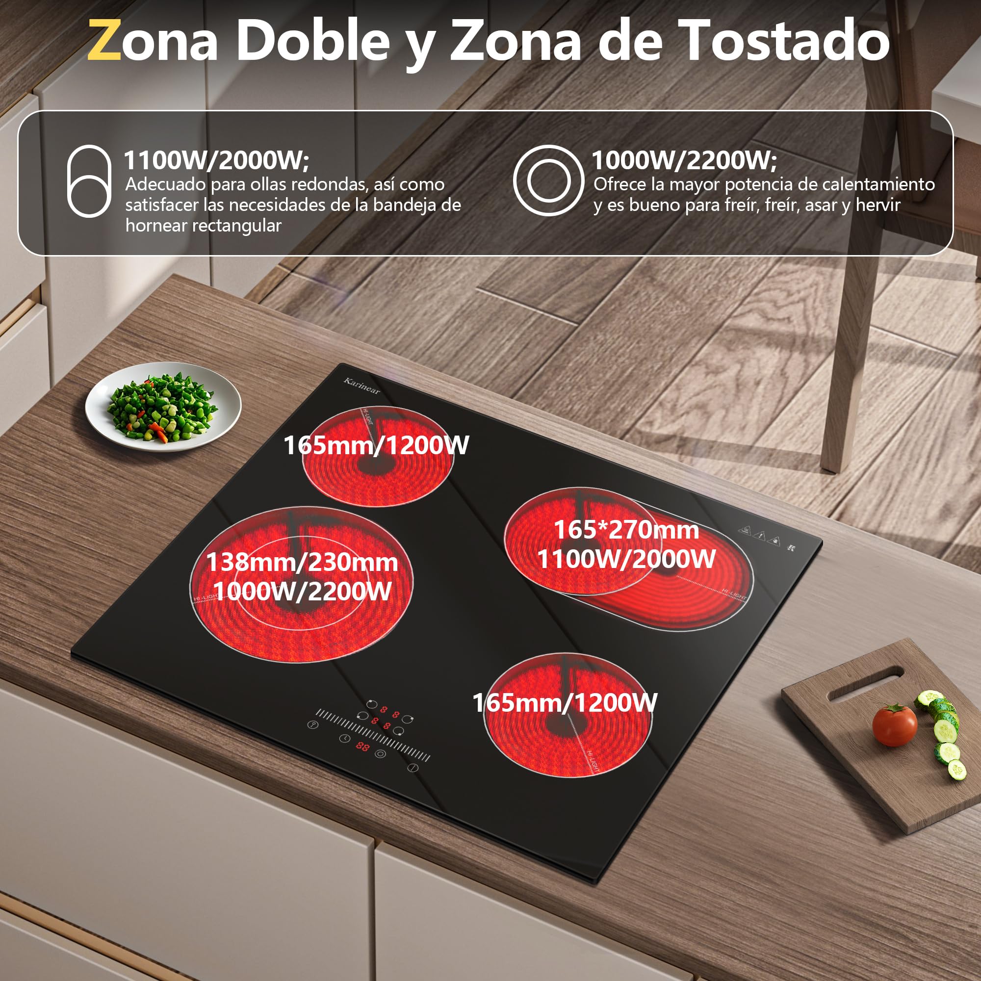 Karinear Placa vitroceramica 4 Fuegos 60cm, Área ampliable | Control Deslizante, Bloqueo de Seguridad, Temporizador de 99 minutos，Indicador de calor residual