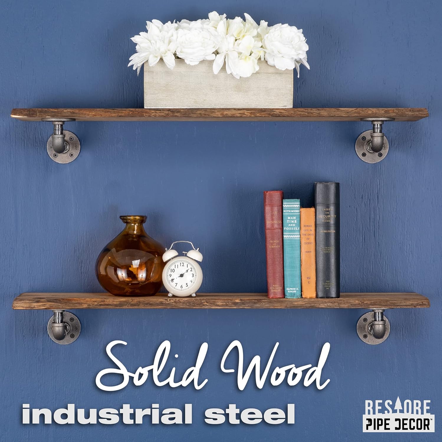 PIPE DECOR 36” Trail Brown Live Edge Wood Shelf with Industrial L-Shaped Pipe Brackets (2-Pack)
