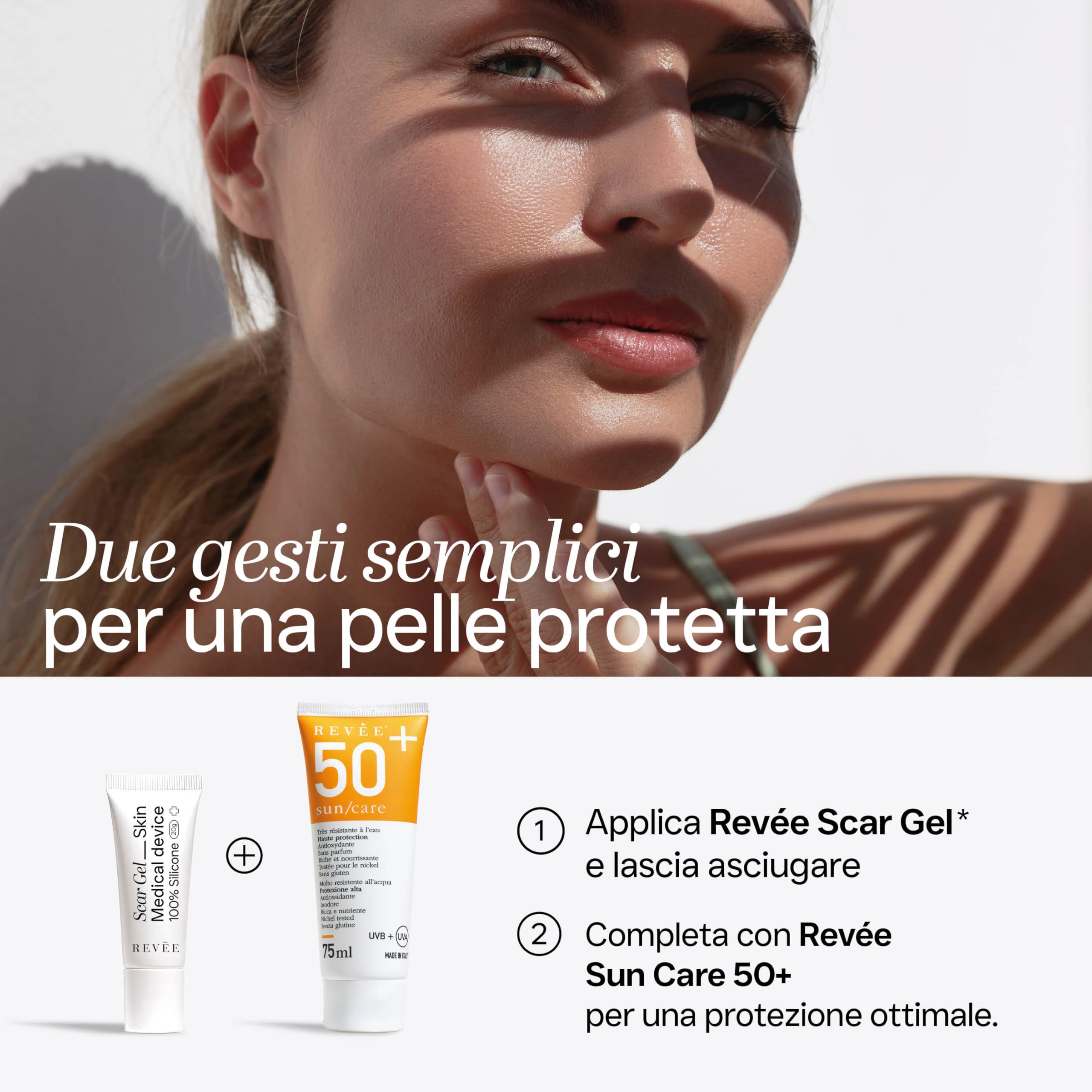 REVÉE Scar Gel Crema Cicatrici Chirurgiche 20gr Sun Care Crema Solare 50+ 75ml, Uso Combinato, Trattamento Completo Cura Cicatrici, Viso e Corpo, Nickel Tested, No Parabeni, Made in Italy