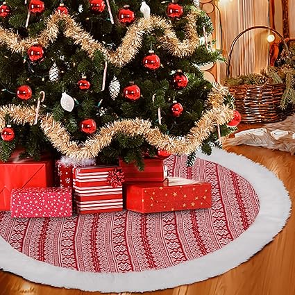 Garvee 48 inch Christmas Tree Skirt, Knitted Christmas Tree Skirt with Snowflakes, Rustic Xmas Tree Mat with Faux Fur Edge Winter Holiday Decoration