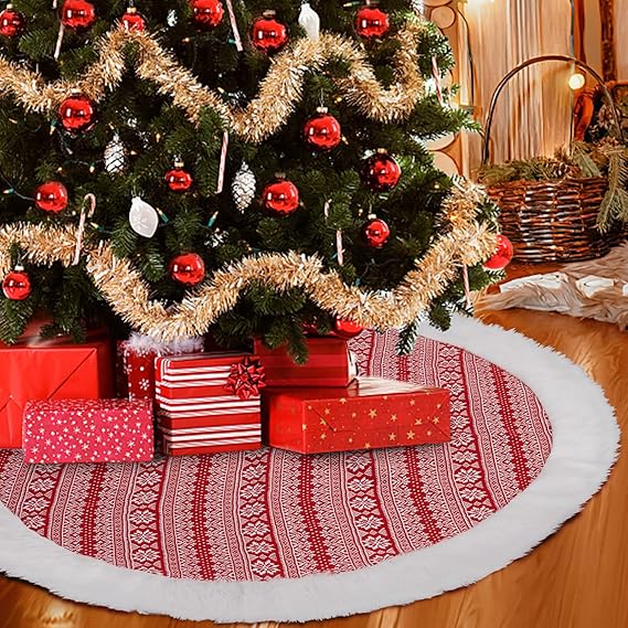 Garvee 48 inch Christmas Tree Skirt, Knitted Christmas Tree Skirt with Snowflakes, Rustic Xmas Tree Mat with Faux Fur Edge Winter Holiday Decoration