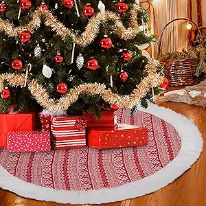 Garvee 48 inch Christmas Tree Skirt, Knitted Christmas Tree Skirt with Snowflakes, Rustic Xmas Tree Mat with Faux Fur Edge Winter Holiday Decoration