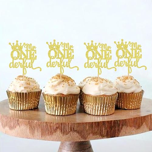 Miniatura 6 de Ercadio Paquete de 24 coronas de Mr Onederful para cupcakes, corona dorada con purpurina, una corona de príncipe para el primer cumpleaños,
