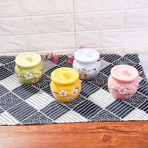 Miniatura 8 de Tarro de especias de cerámica de estilo japonés con tapa y cuchara de acero inoxidable - Bonito diseño de conejo, almacenamiento hermético de