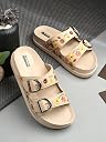 DOCTOR FEEL SOFT Women Floral Double Strap Buckle Slides | Embroidered Casual Slip-On Sandals for Girls | Lightweight Anti-Slip Comfortable Everyday Wear Flats gallery image
