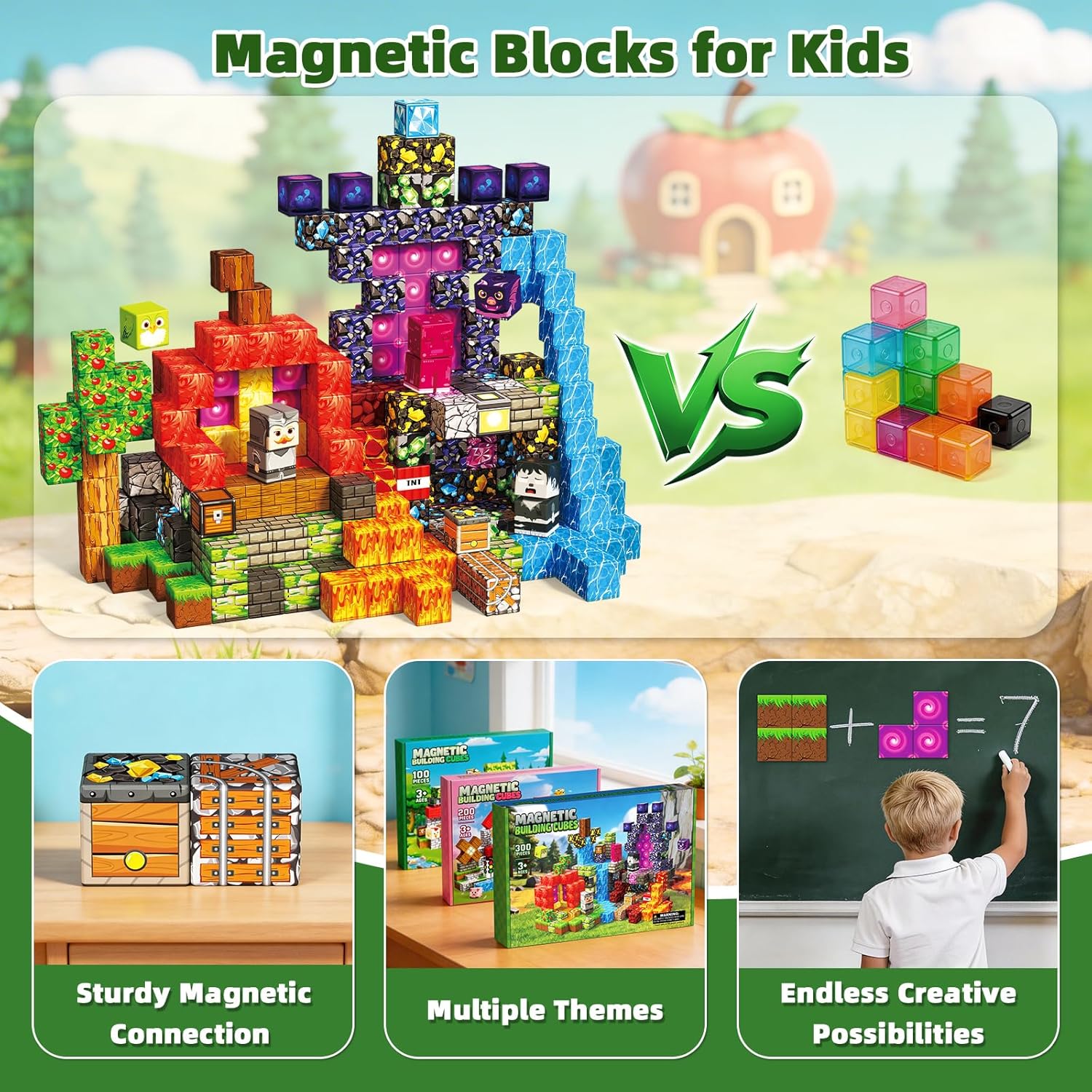 Magnetic Blocks, 300PCS Magnetic Building Cube Set for Kids Ages 4-8, Constructions STEM Montessori Stacking Toy, Sensory Tiles Building Birthday Toys Gifts for Boys Girls