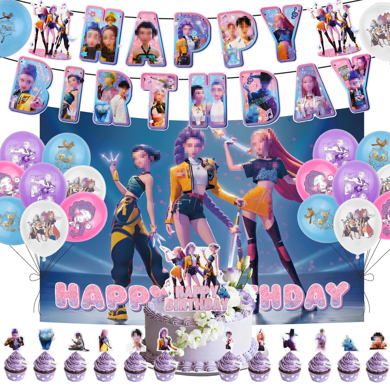 Girls Birthday Party Decorations Set, Anime K Pop Birthday Party Supplies for Womens Includes Balloons Banner Cake Toppers Cupcake Toppers Backdrop Decoration Dem0n Hun-ters Birthday