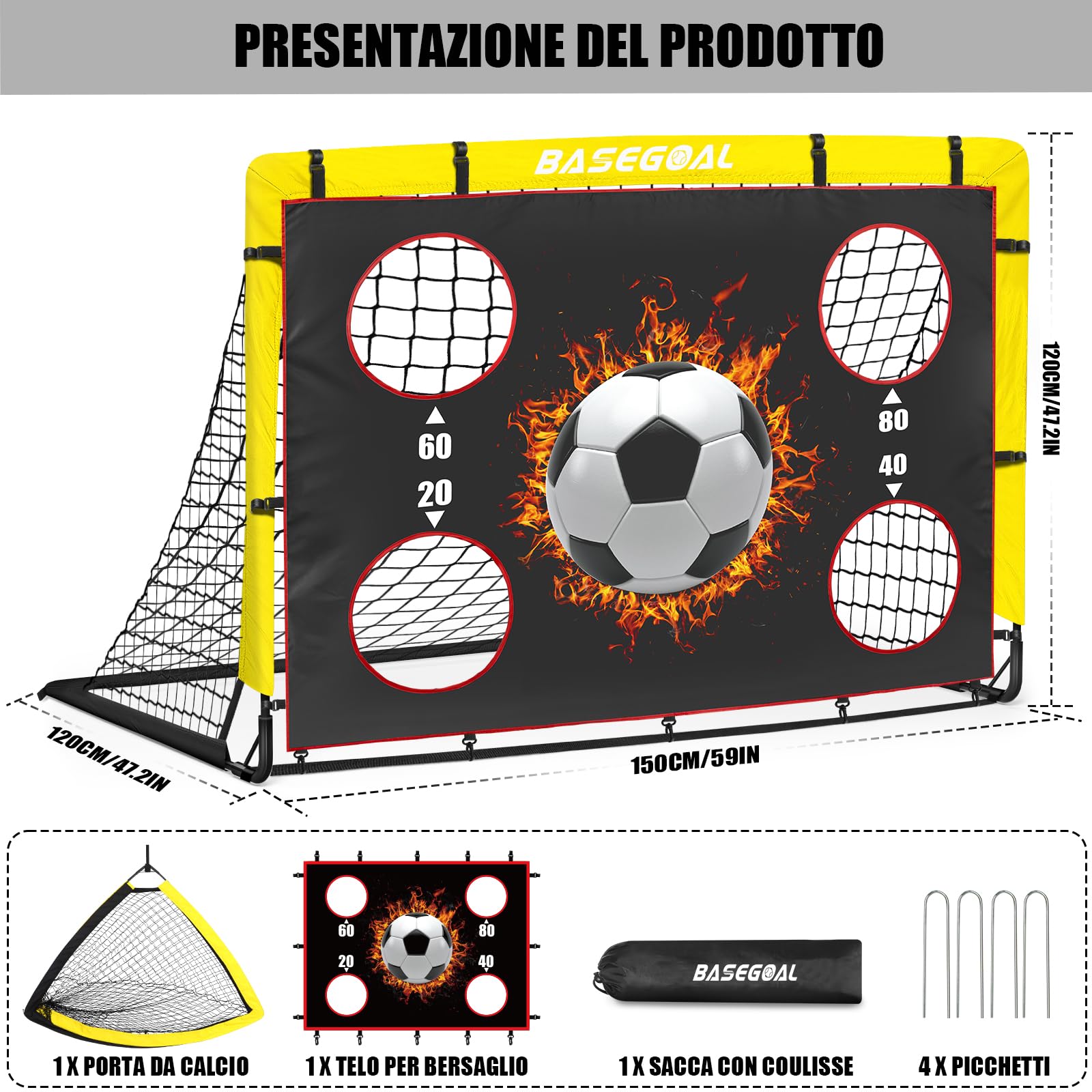 Porta da Calcio per Giardino 150x120cm con Aste in Fibra di Vetro e Reti di Alta Qualità