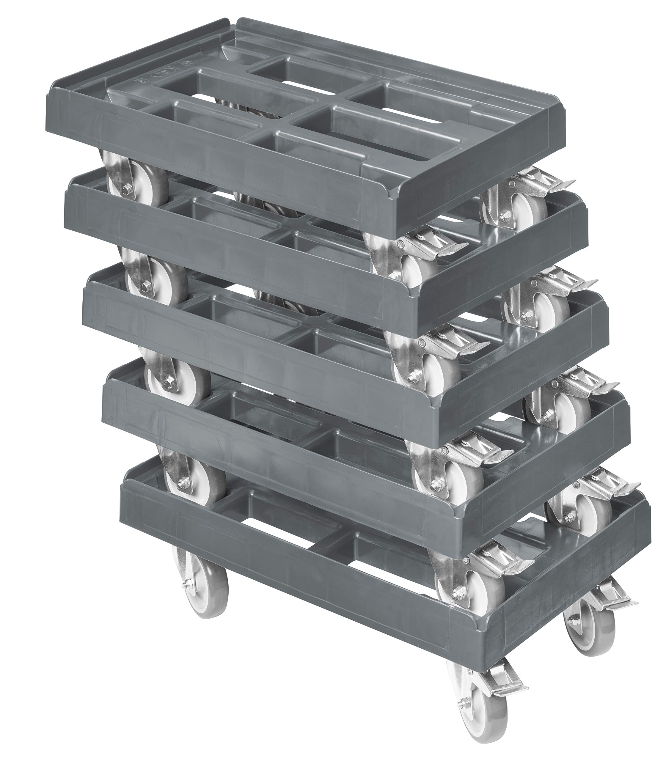 5 Stück Transportroller für Kisten 60 x 40 cm mit 2 Bremsen in grau