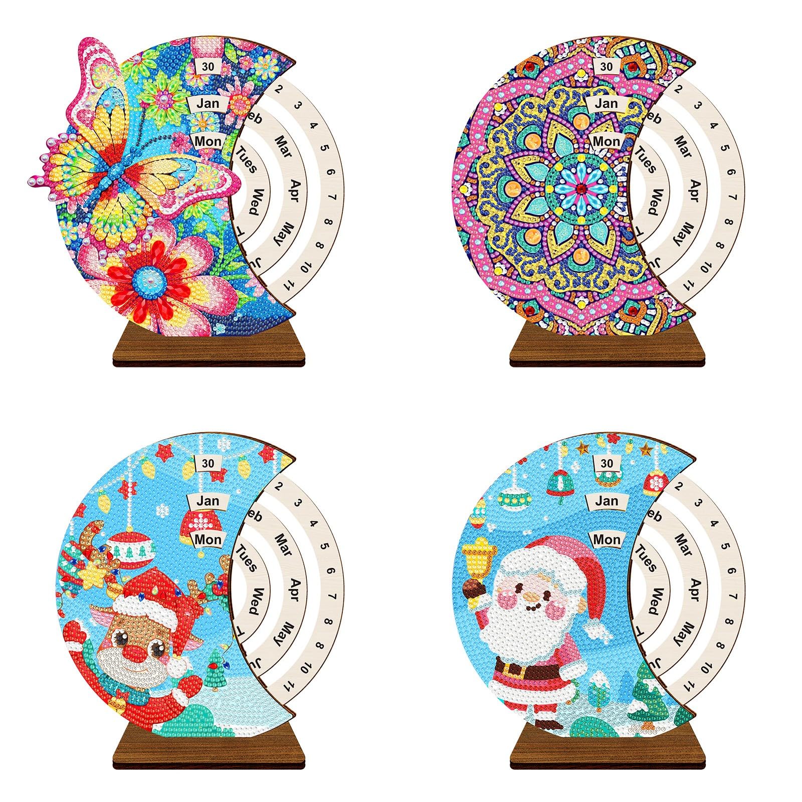 Lebartm 4Pcs DIY Diamond Perpetual Calendar Diamond Art Painting Wooden Manual Rotating Calendar Ornament Desk Round Perpetual Calendar Single Sided Diamond Tabletop Ornaments for Home Decor
