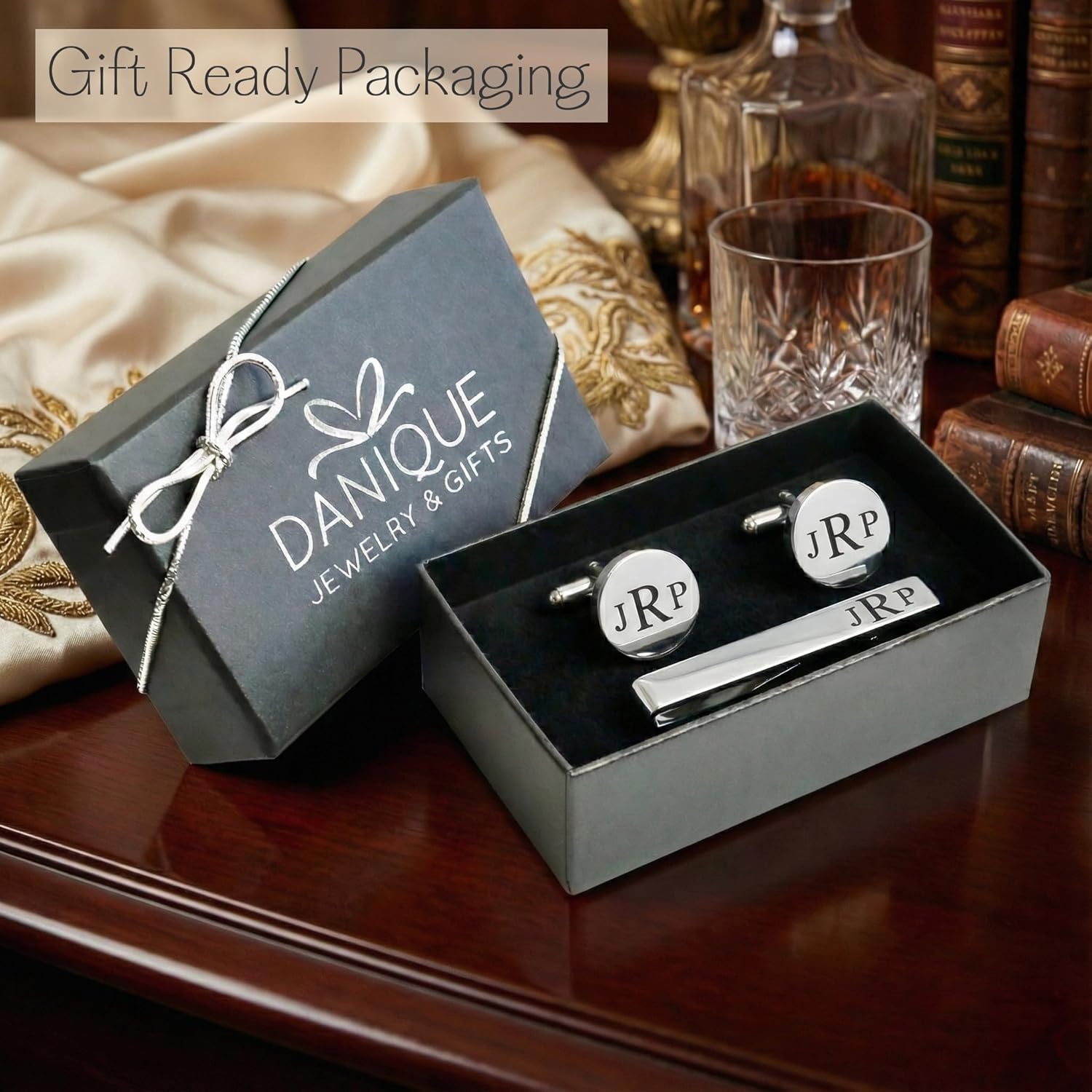 Personalized Silver Cufflink & Tie Clip Set for Men – Elevate His Style | Engraved Stainless Steel Metal Cuff Links – Custom Monogram or Handwriting Husband | Customized Groomsmen Proposal Gifts (Silver)