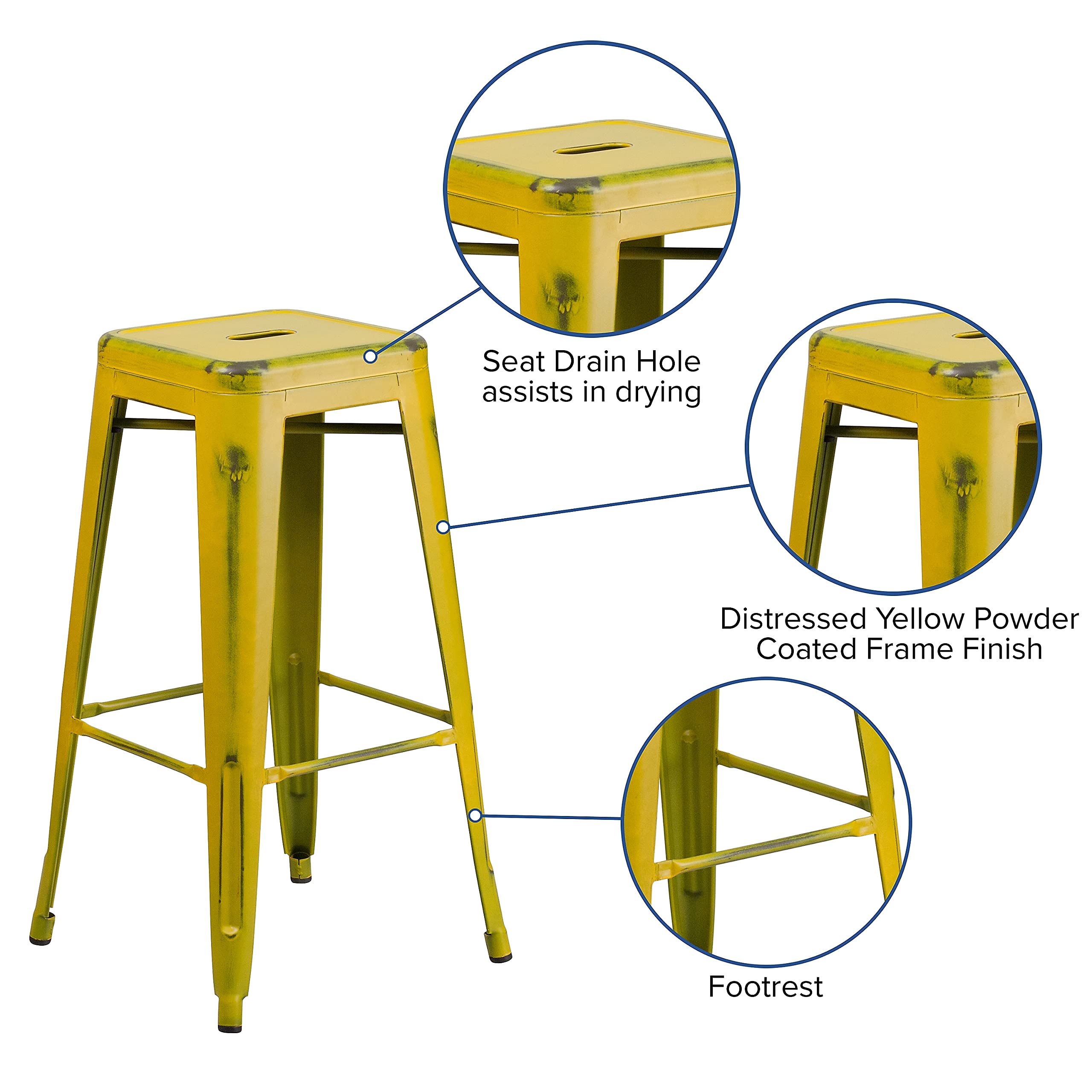 Flash Furniture - Sgabello da Bar in Metallo Anticato per Interni, 76 cm, Colore Nero 4 pz 4 pz Giallo