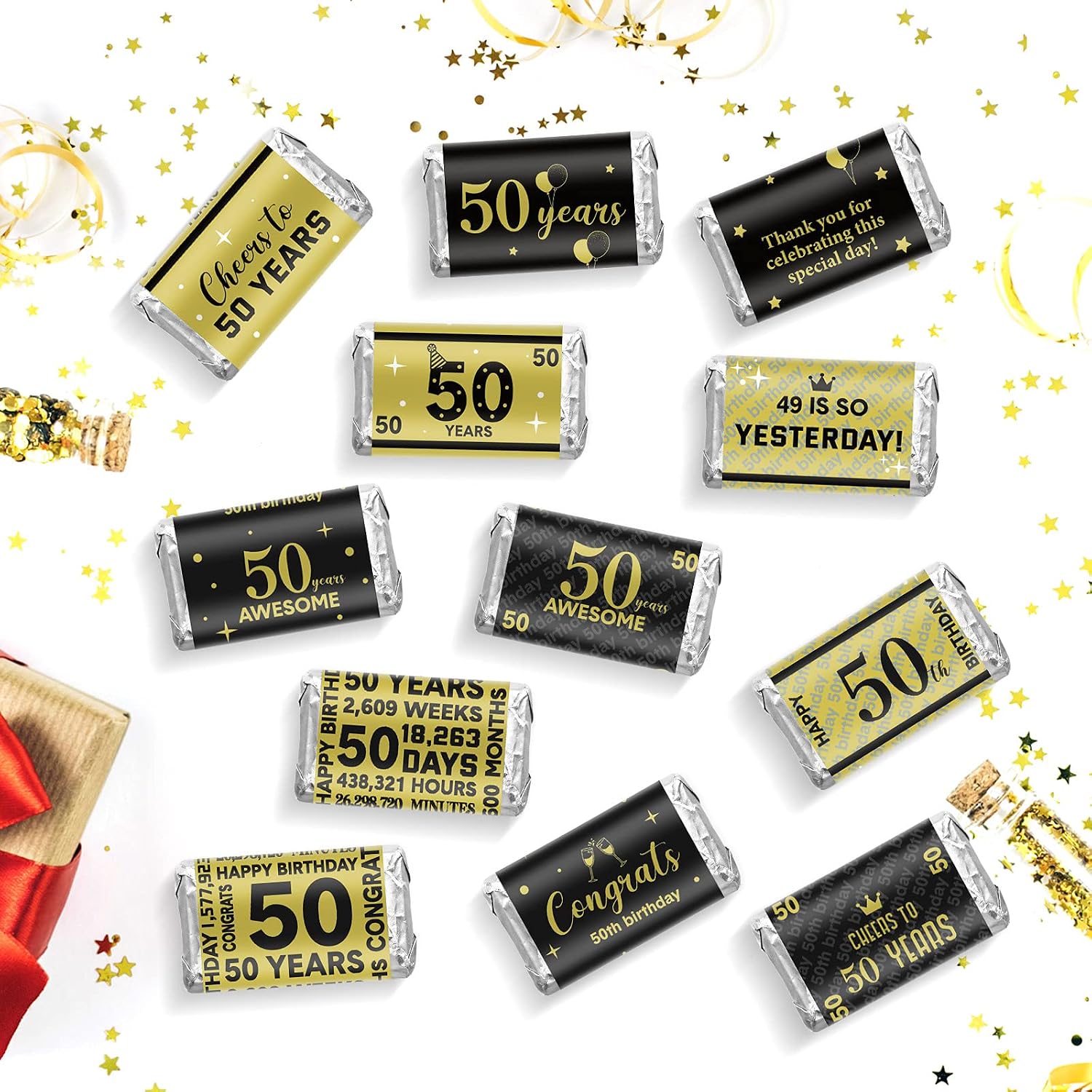 Tenare 90 Pcs 50th Birthday Candy Wrappers, Black and Gold Stickers image 4