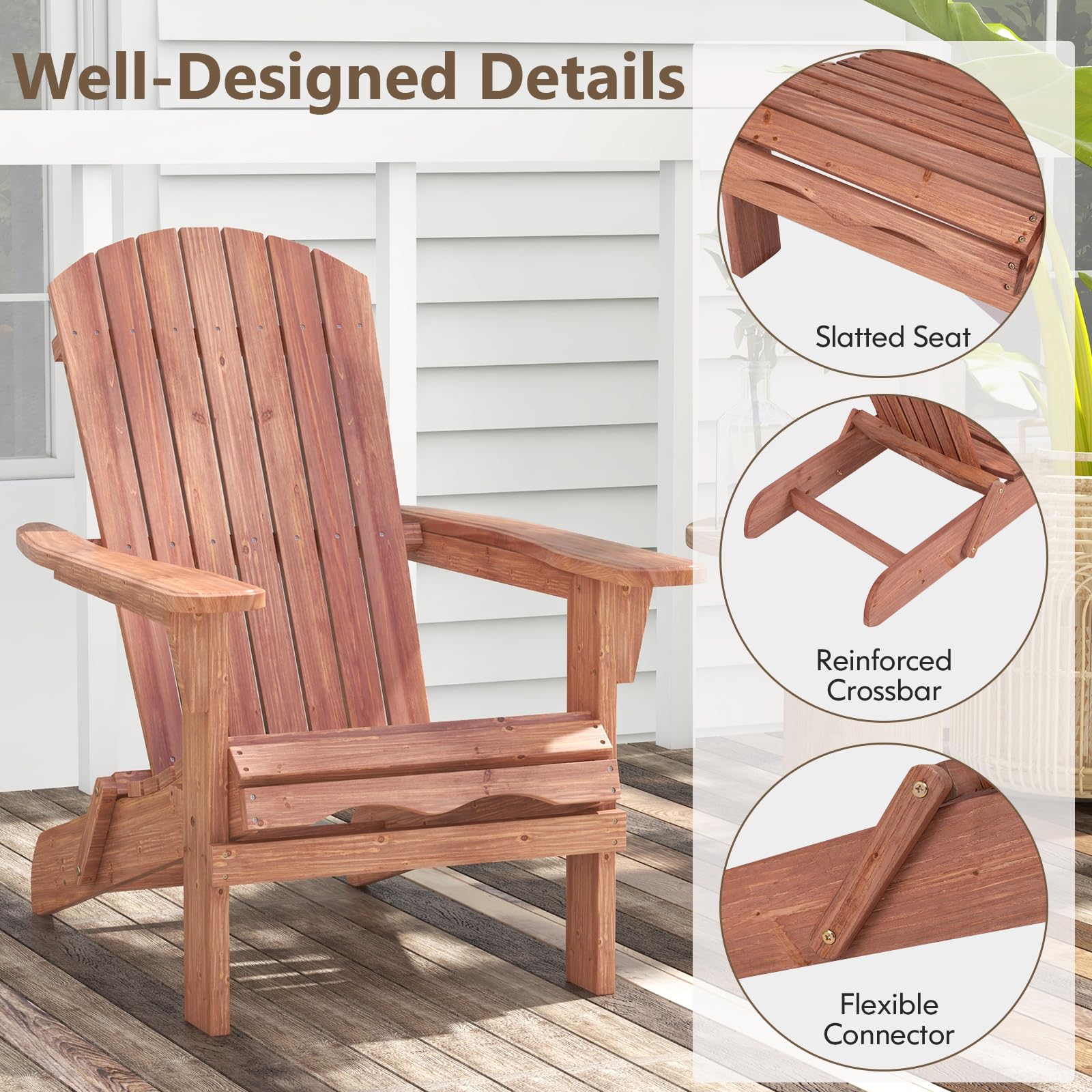 KOMFOTTEU Fauteuil Adirondack, Bois de Sapin, Chaise de Jardin Pliable, Charge de 180 kg, Design Ergonomique, Chaise de feu de Camp, Sièges en Terrasse avec Dossier et Accoudoirs (Lot de 1, Naturel)