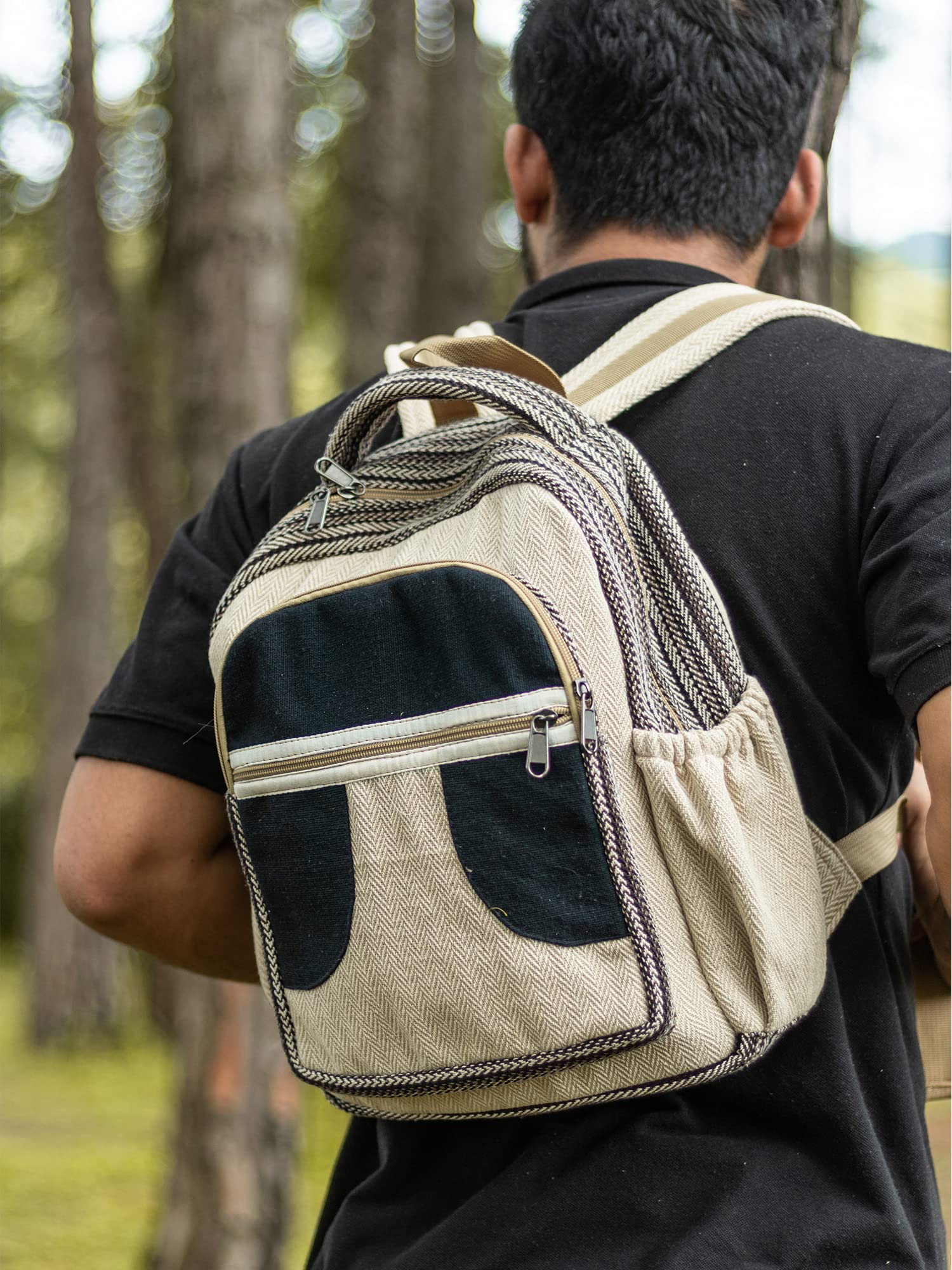Fwosi - Mochila tejida – Bolsa de cáñamo para la universidad, senderismo y viajes – Ligero, multibolsillo, 5 compartimentos para accesorios diarios – Artesanía de Nepal