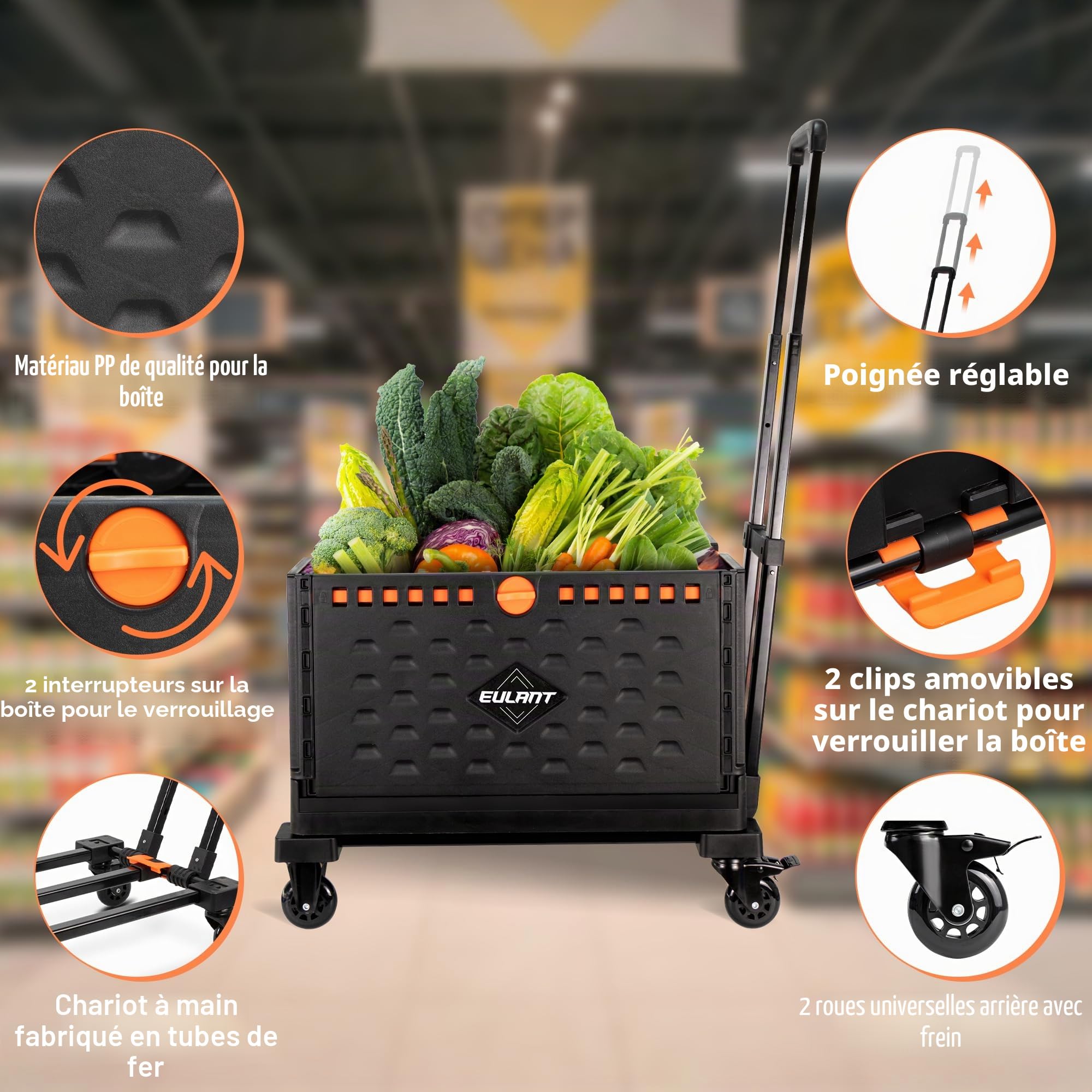 EULANT 2in1 Chariot à Main Pliable avec Boîte Pliante 60L et Couvercle,Chariot de Transport avec Roues Pivotantes à 360° et 2 Cordes Elastiques,Caisse sur Roues avec Poignée Ajustable et Frein