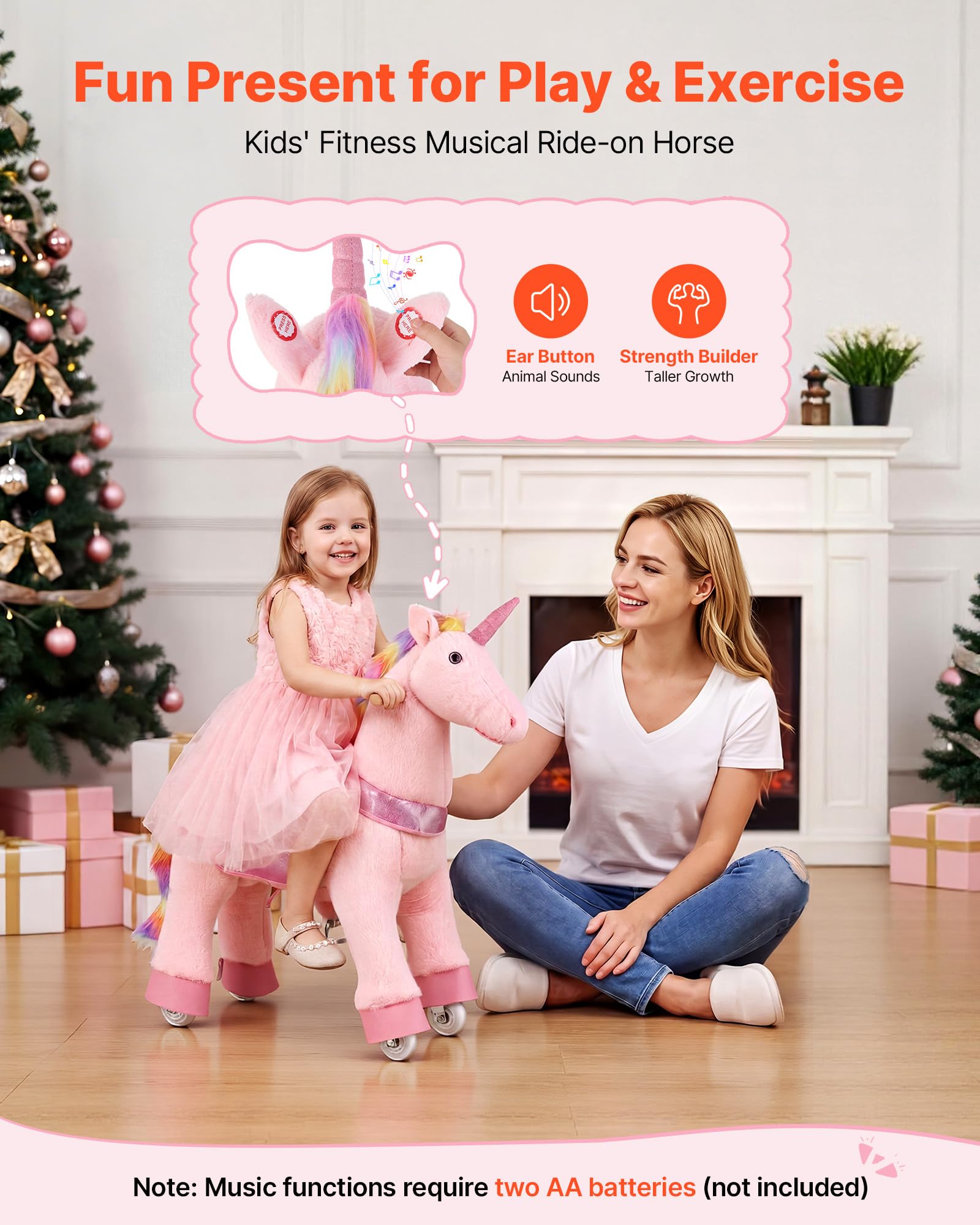 VEVOR Unicornio de Juguete para Niños, Pony de Montar con Ruedas y Pedales, Caballito Unicornio con Sonido, Estructura de Metal, Carga hasta 50 kg, Uso Interior y Exterior, para Niños de 3 a 8 Años