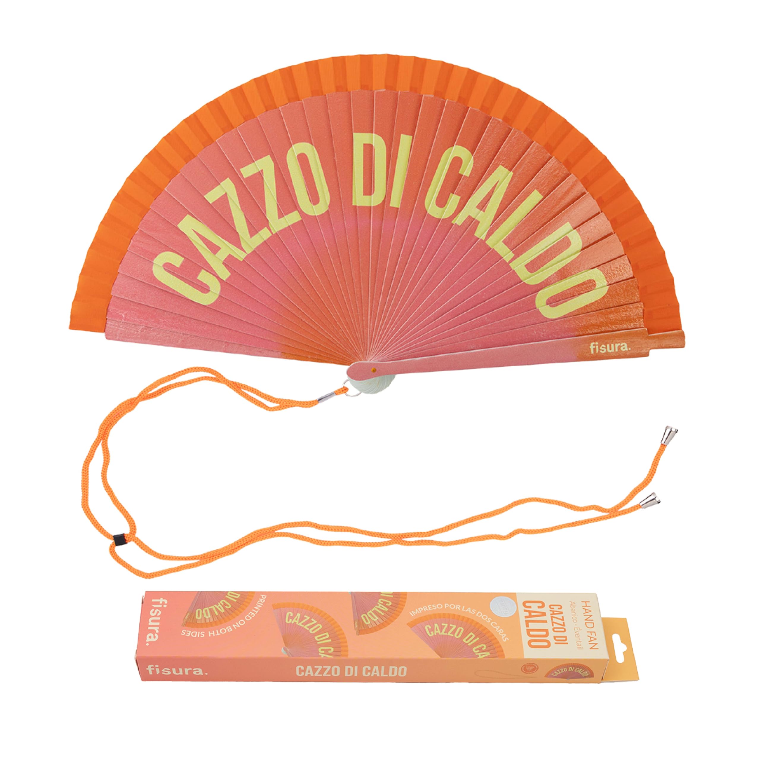 Fisura – Original Folding Handheld Fan with Italian Message “Cazz* di Caldo”. Reversible Wooden Folding Fan, Modern and Colourful. Orange Gradient Design, Hanger Included. Dimensions: 42.5 x 23 cm
