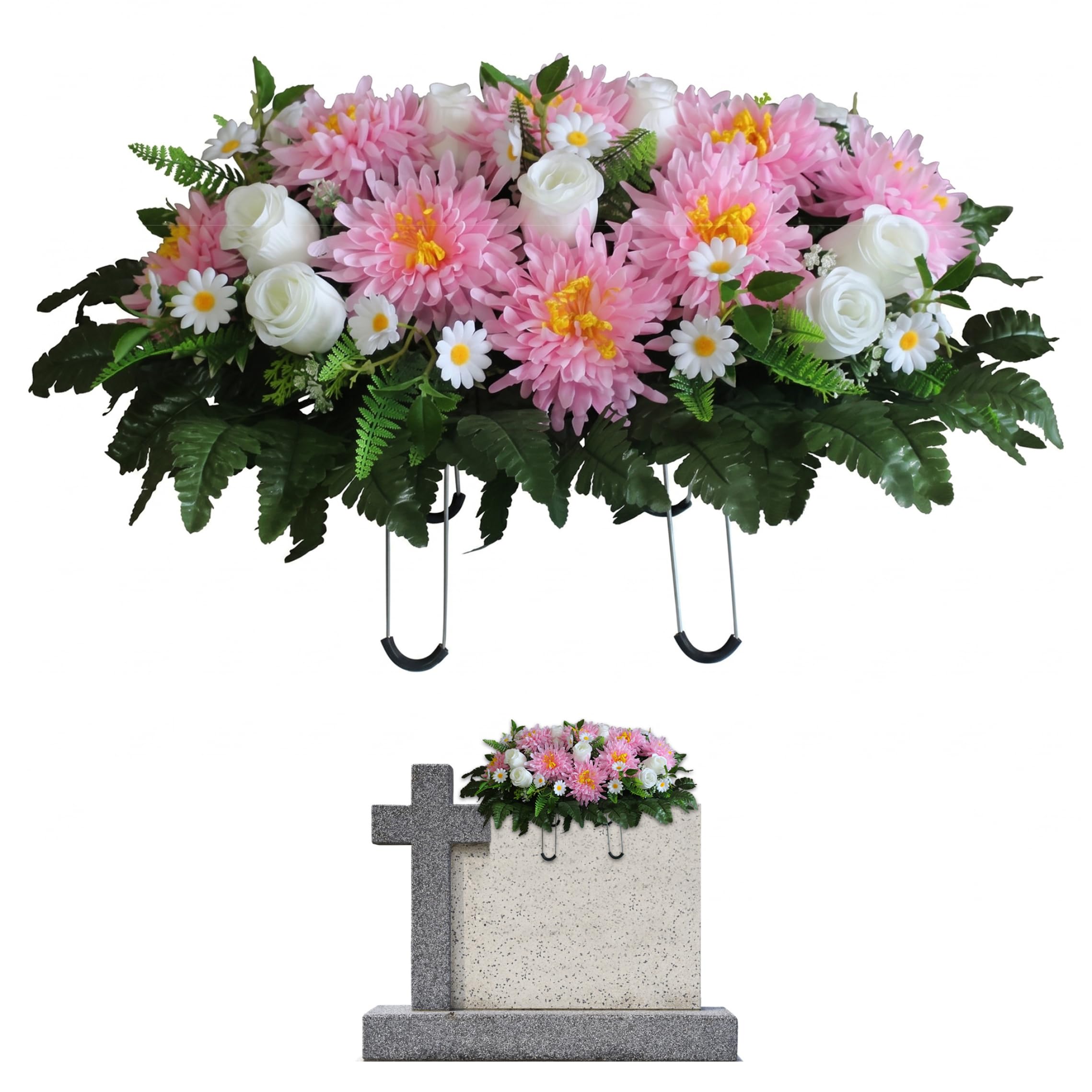 Faticenic Headstone Flower Saddle, Lifelike Artificial Cemetery Flowers For Grave - Chrysanthemum Tombstone Flowers Decor, Headstone Flower Saddle