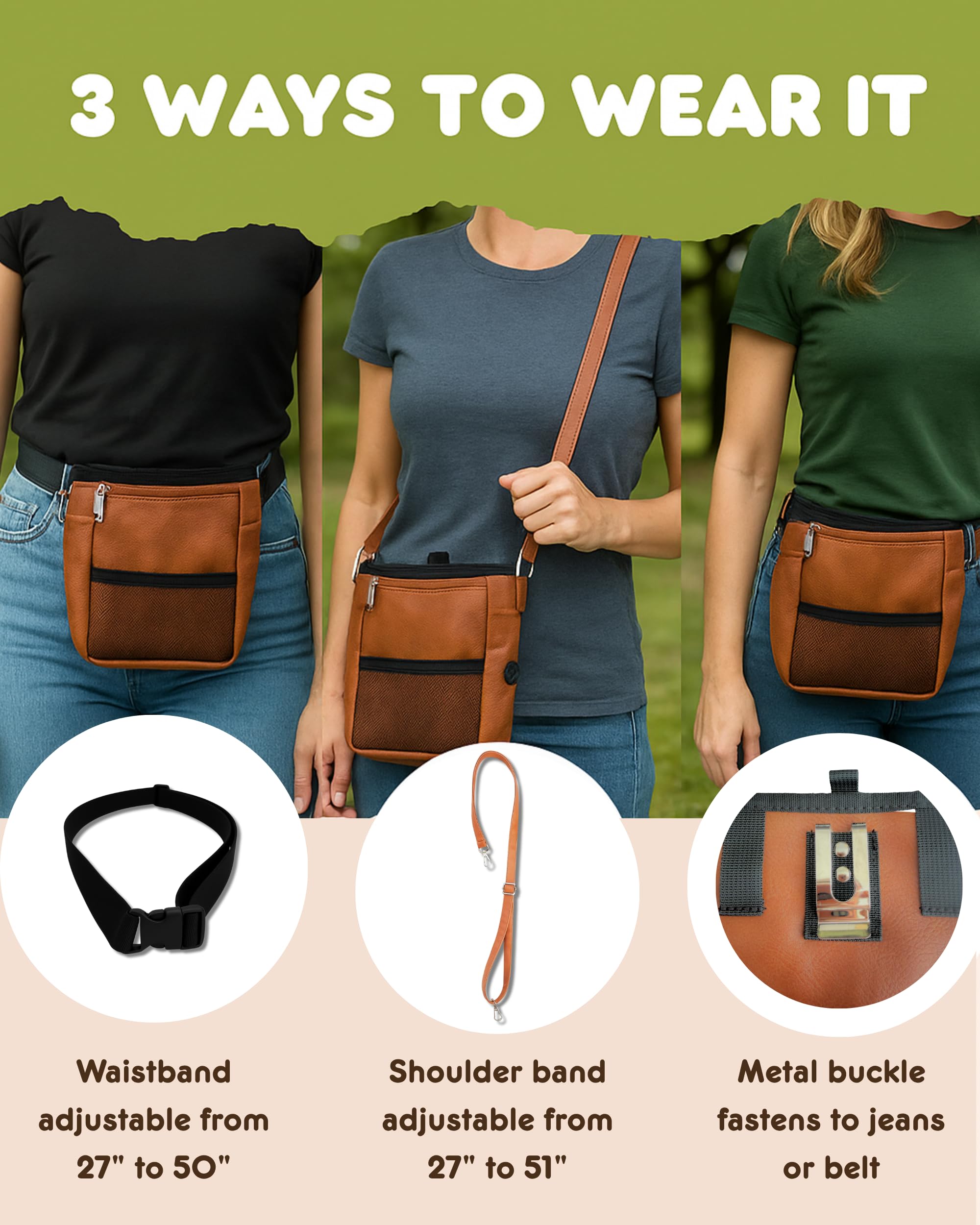 Large Dog Treat Pouch PU Leather with Clicker, Magnetic Clasp, Fits All Phones, 4 Cups, Hands-Free Pouches for Dog Training Treat Pouch, Built in Poop Bag Holder - image 4