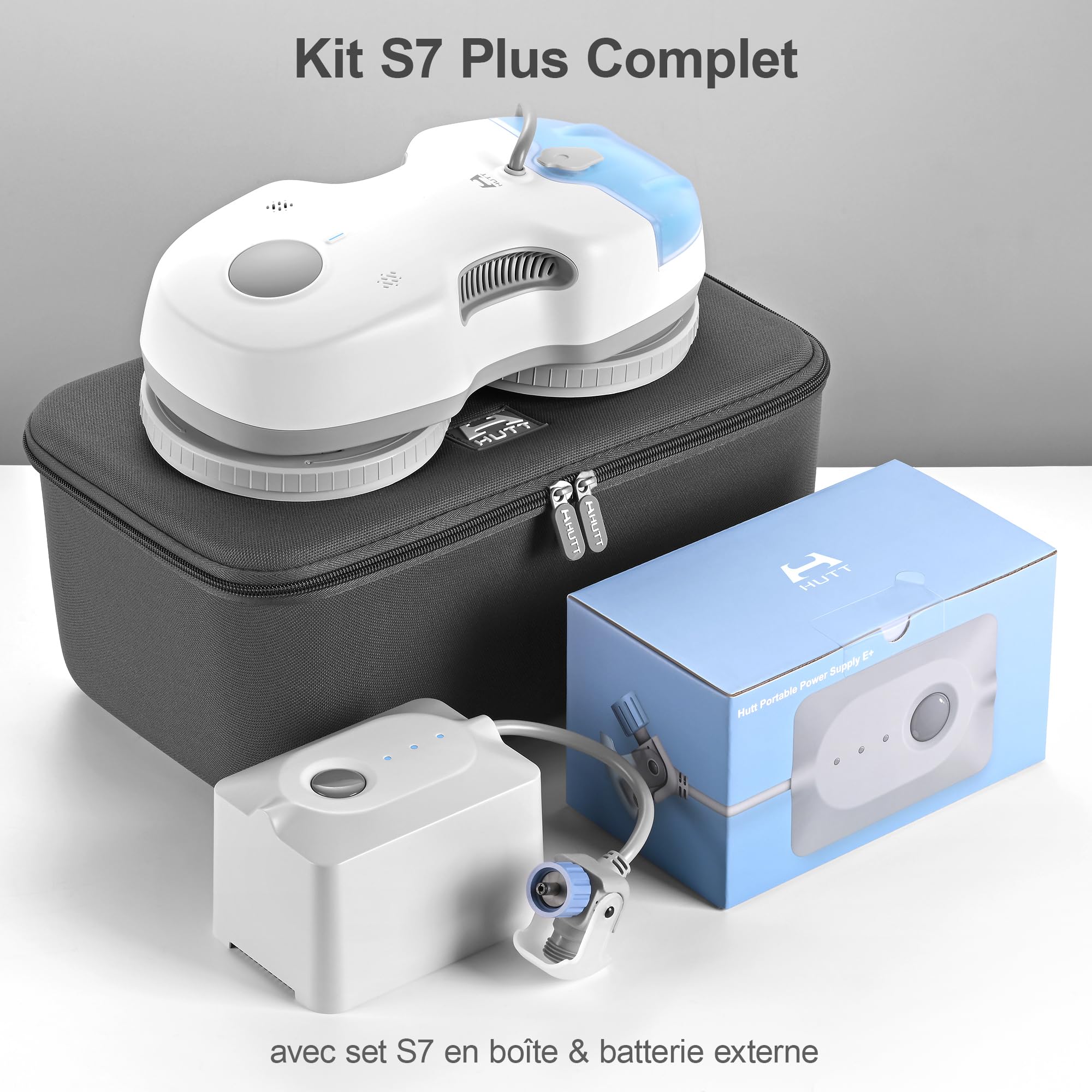 HUTT S7 Plus Robot Nettoyeur de Vitre avec Alimentation Portable, Robot Lave Vitre sans Fil avec Gicler l'eau Automatique, Tampons Dual Moteur Flottant 3D, Protection Multiples, Télécommande