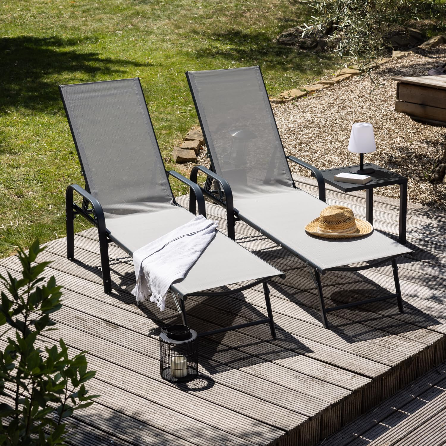 Happy Garden Lot de 2 Bains de Soleil Sardinia en textilène Gris - Structure Anthracite. Bain de Soleil d'extérieur en Acier 5 Positions.