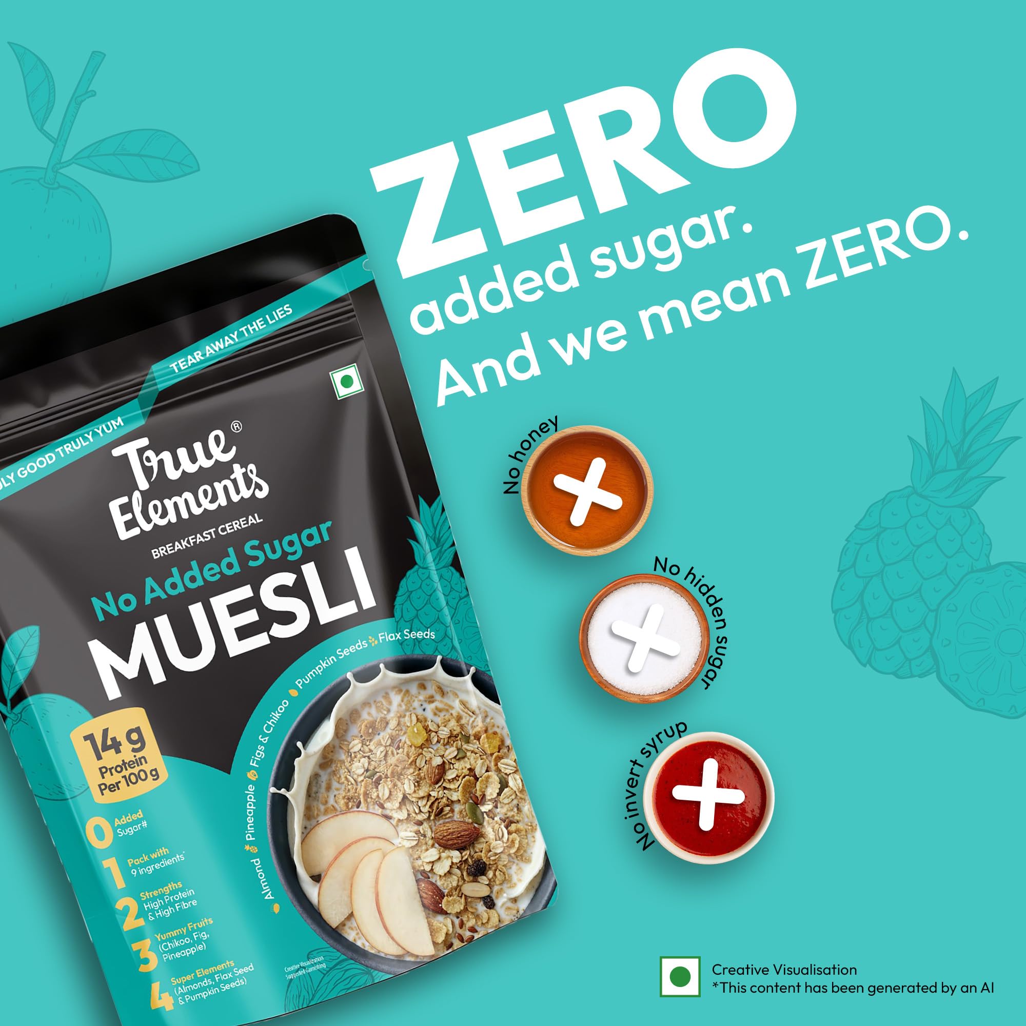True Elements Musli bez dodatku cukru 700 g - 14 g czyste białko, bez cukru, dietetyczna żywność odchudzająca, płatki śniadaniowe z kaszą jaglaną