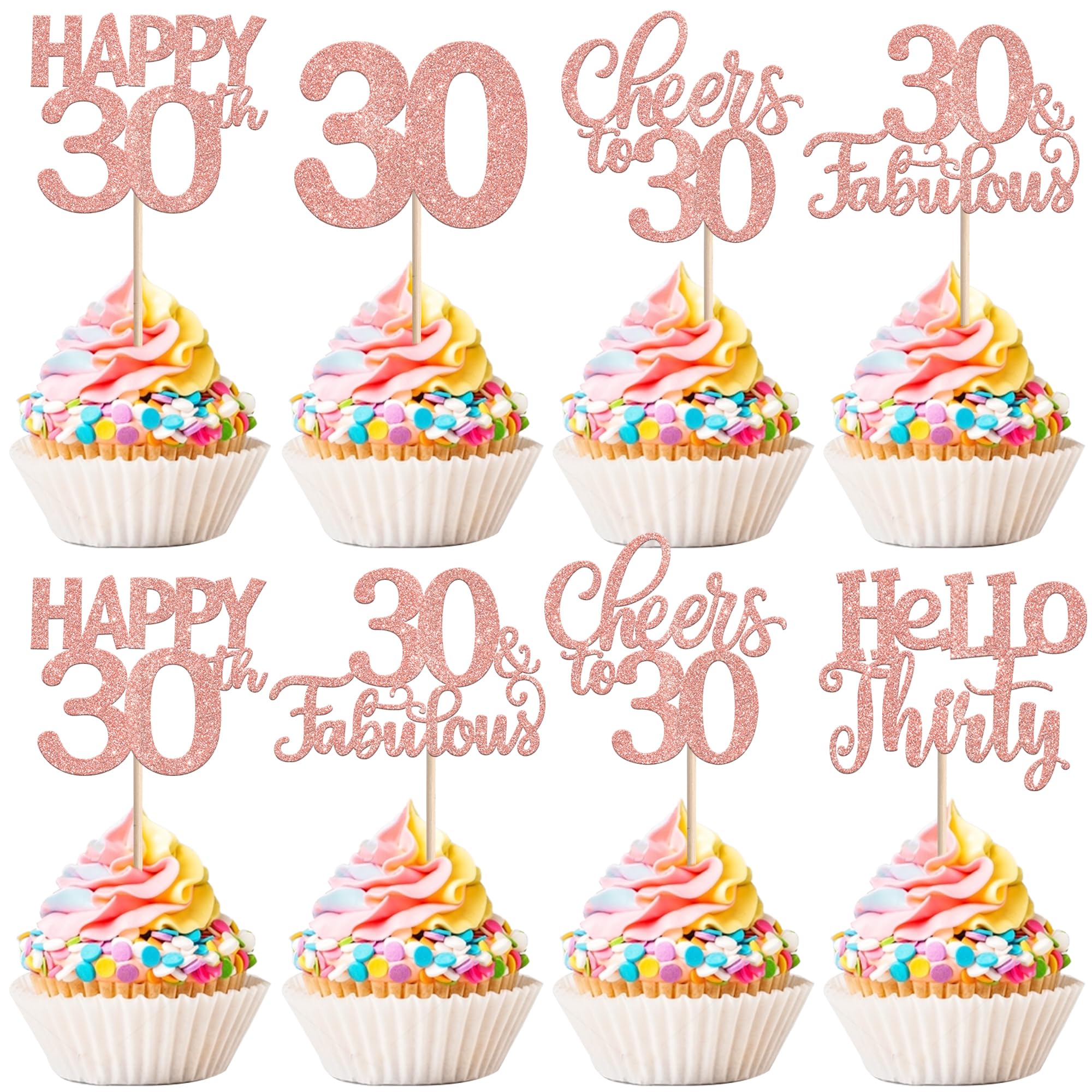 30 Stück 30th Geburtstag Tortendeko Glitzer Happy 30 Cheers to Fabulous 30 Cupcake Toppers Hello Thirty Kuchen Deko für 30th Geburtstag Jahrestag Party Kuchen Dekoration Rosegold