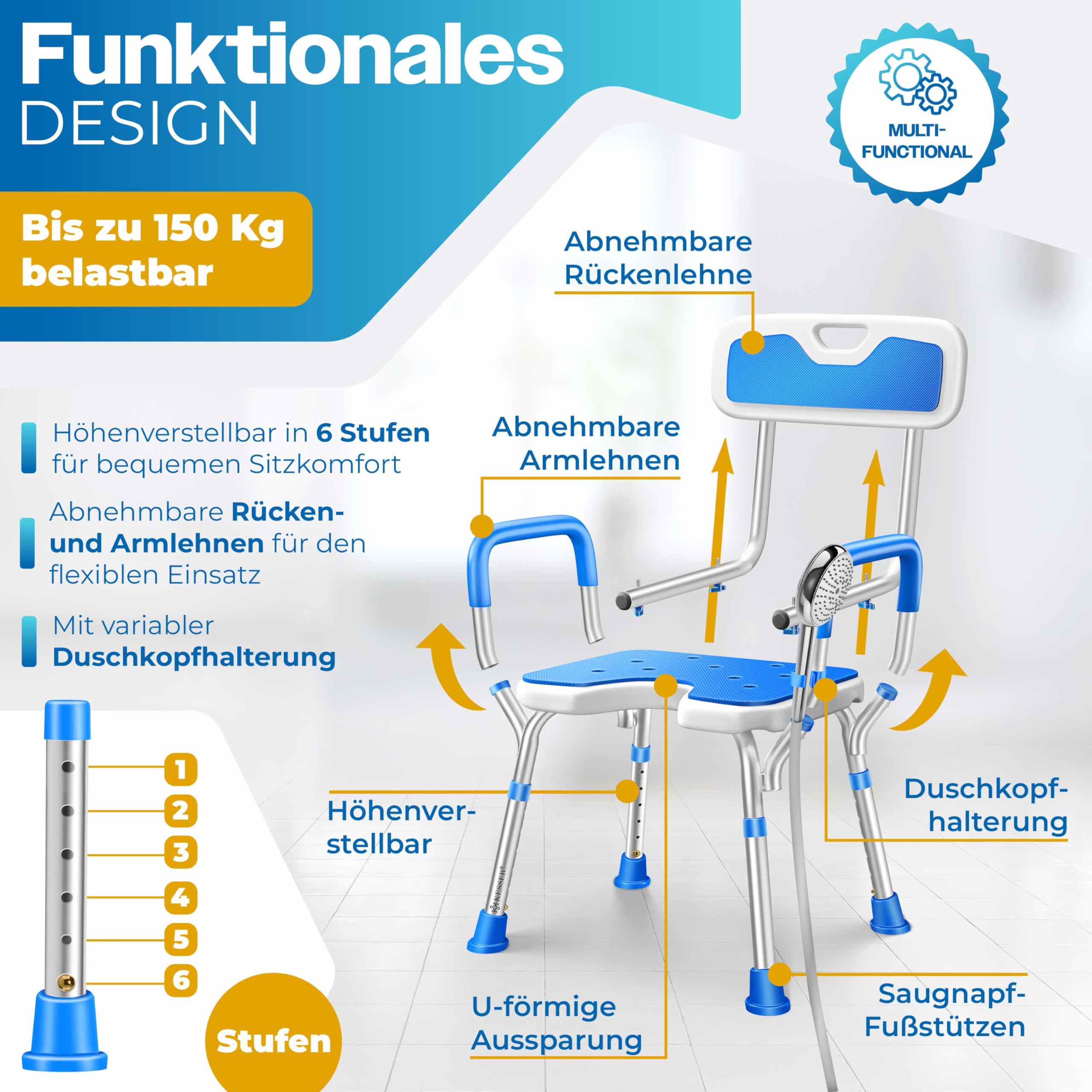 KESSER® Sgabello da doccia con schienale per anziani e sedia da doccia in gravidanza, portata 150 kg, 6 livelli, altezza regolabile 38-54 cm, con piedini antiscivolo, tappetini e supporto per doccia