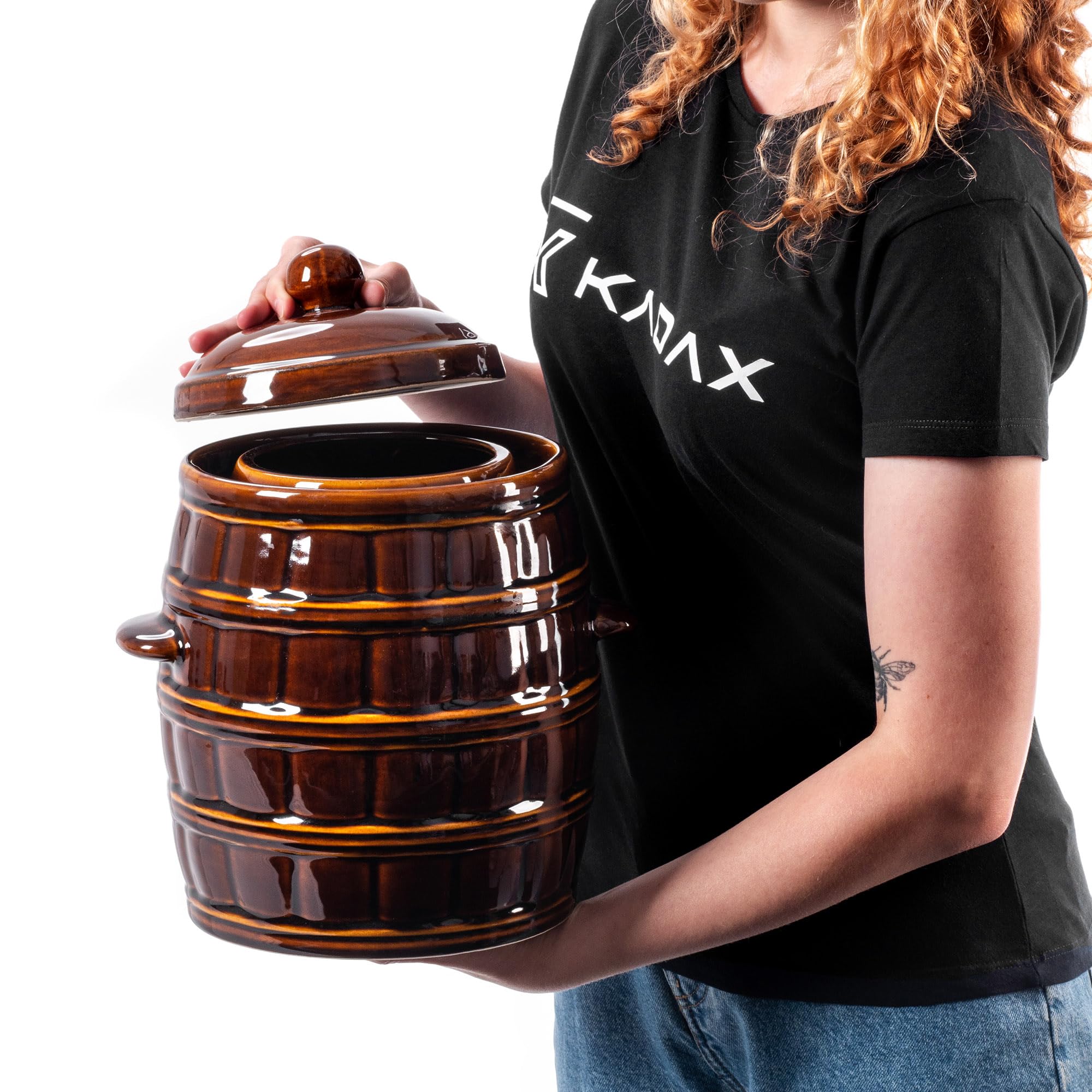 KADAX Casserole de fermentation en grès 8L marron, cuvette d'eau et couvercle pour l'étanchéité, lavable au lave-vaisselle, pour mariner les concombres et le chou