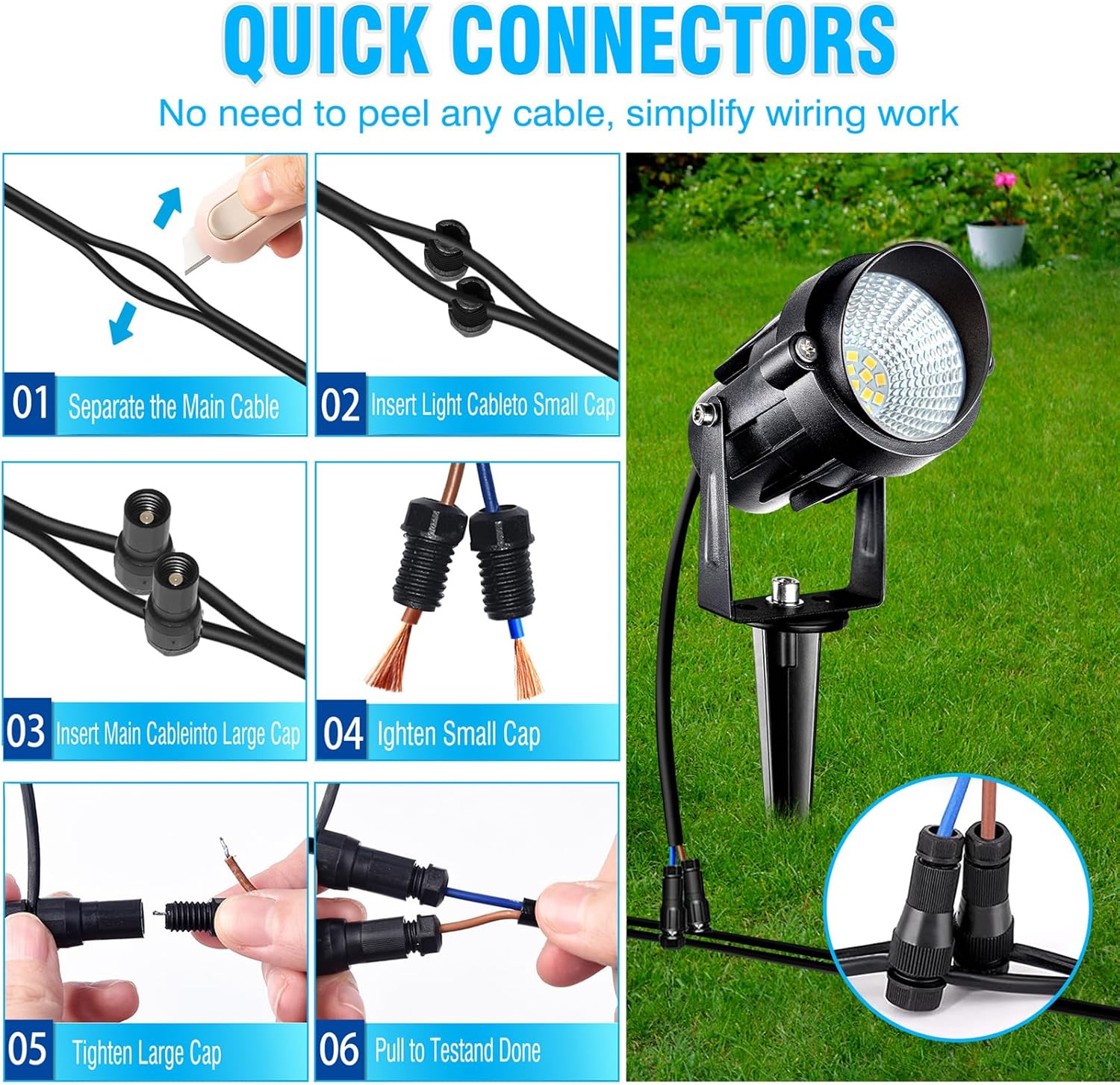 5W Low Voltage Landscape Lights with Connectors, AC/DC 12V-24 Landscape Spotlights 3000K Warm White Waterproof Garden Yard Pathway Wall Tree Flag Landscaping Lights with Spike Stand (6 Pack)